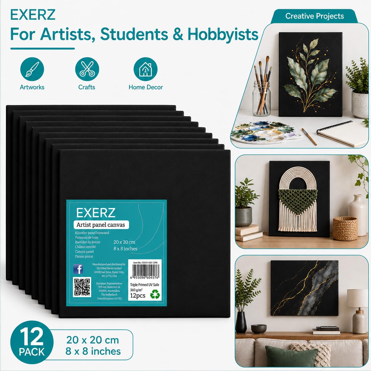 Exerz Schwarze Leinwand 20x20cm, 12er-Set Malkarton, Künstler-Leinwände aus 100% Baumwolle, 280 g/m², 0,3cm Dick, Blanko, Dreifach Grundiert, Säurefrei, Mittlere Körnung