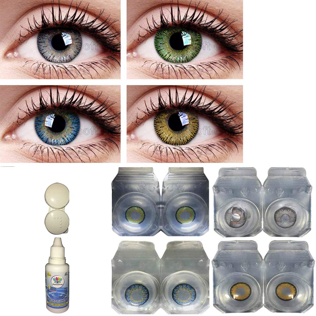 Combo Pack of 4 Pairs of Monthly Color Contact Lenses (Green,Grey,Blue & Hazel) (Zero Power/Lenses Only) With Case & Solution