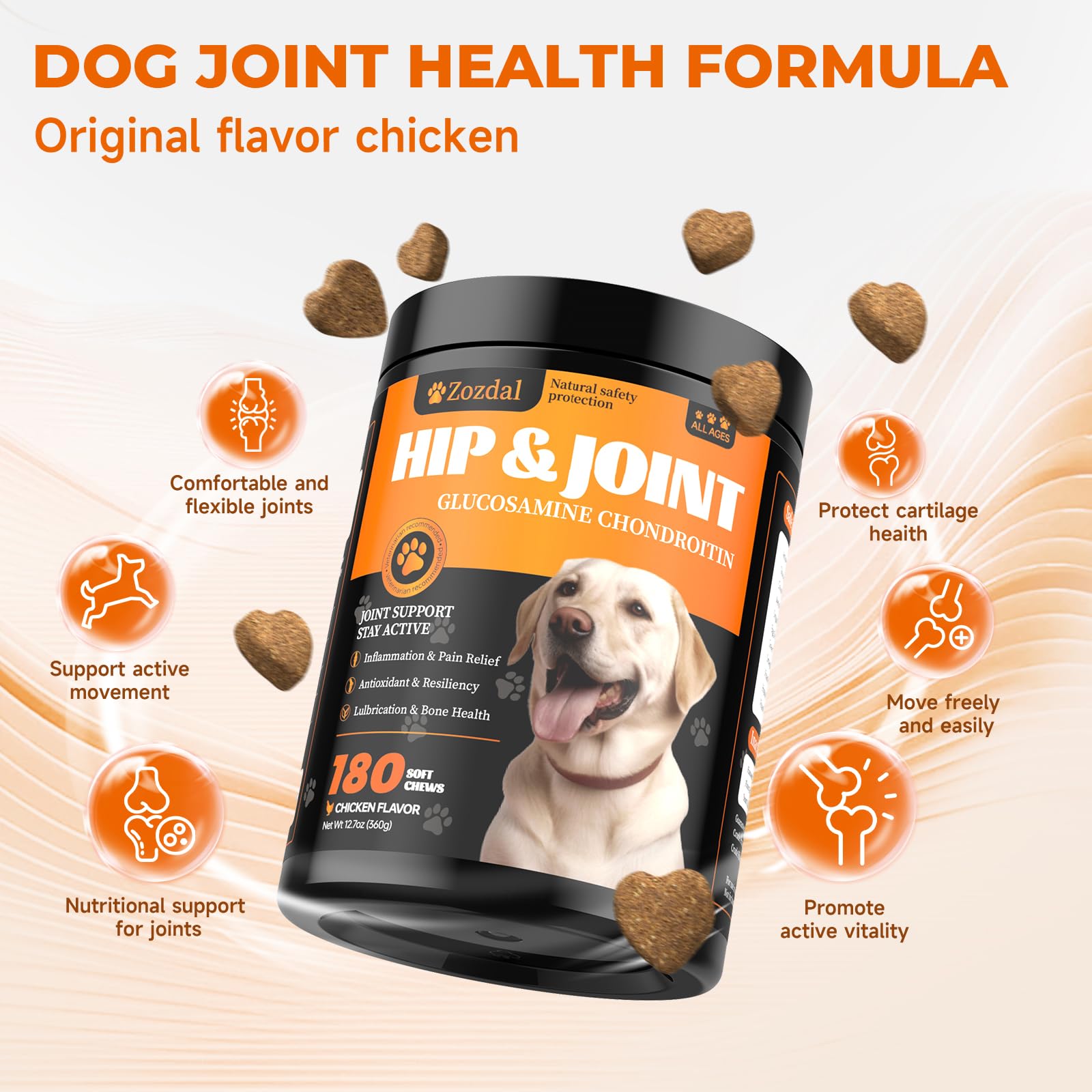 Zozdal Joint Supplement for Dogs, 180 Chicken Flavor Chews, Glucosamine Chondroitin with MSM, Turmeric & Green Lipped Mussel, for Large Breed & Senior Dogs, Hip & Joint Pain Relief and Health Support - image 2