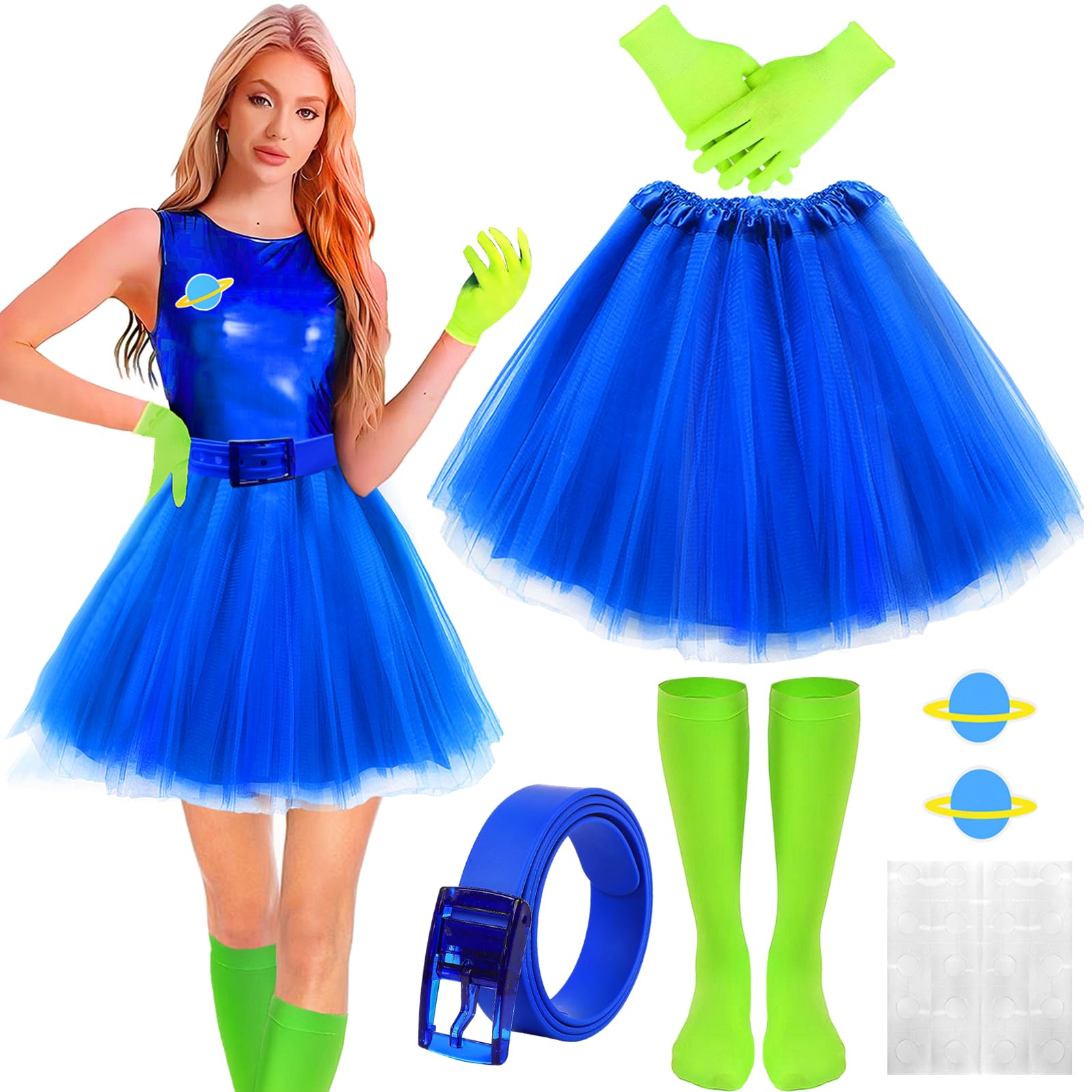 PANMAY Alien Costume Set Cartoon Story Accessories Three-Eyed Alien Headband Blue Tutu Skirt Gloves Adult Halloween Party Cosplay