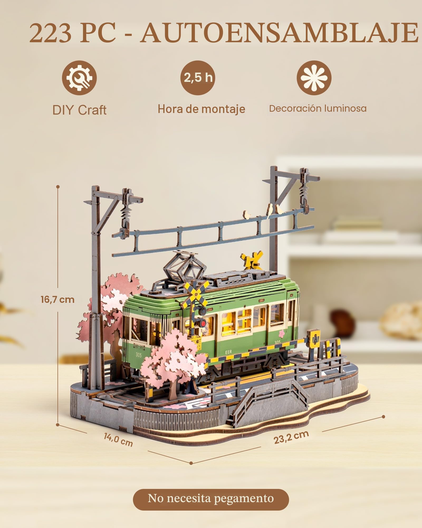 ROBOTIME Puzzle 3D Madera Tranvía Sakura con Luces LED, Maquetas para Construir Adultos, Manualidades Decoración del Hogar, Regalo para Adultos, Mujeres y Niñas