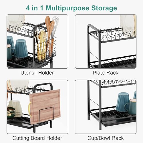 Miniatura 4 de GSlife Escurridor de platos, 2 niveles resistente al óxido con escurridor compacto con soporte para utensilios, soporte para tabla de cortar para