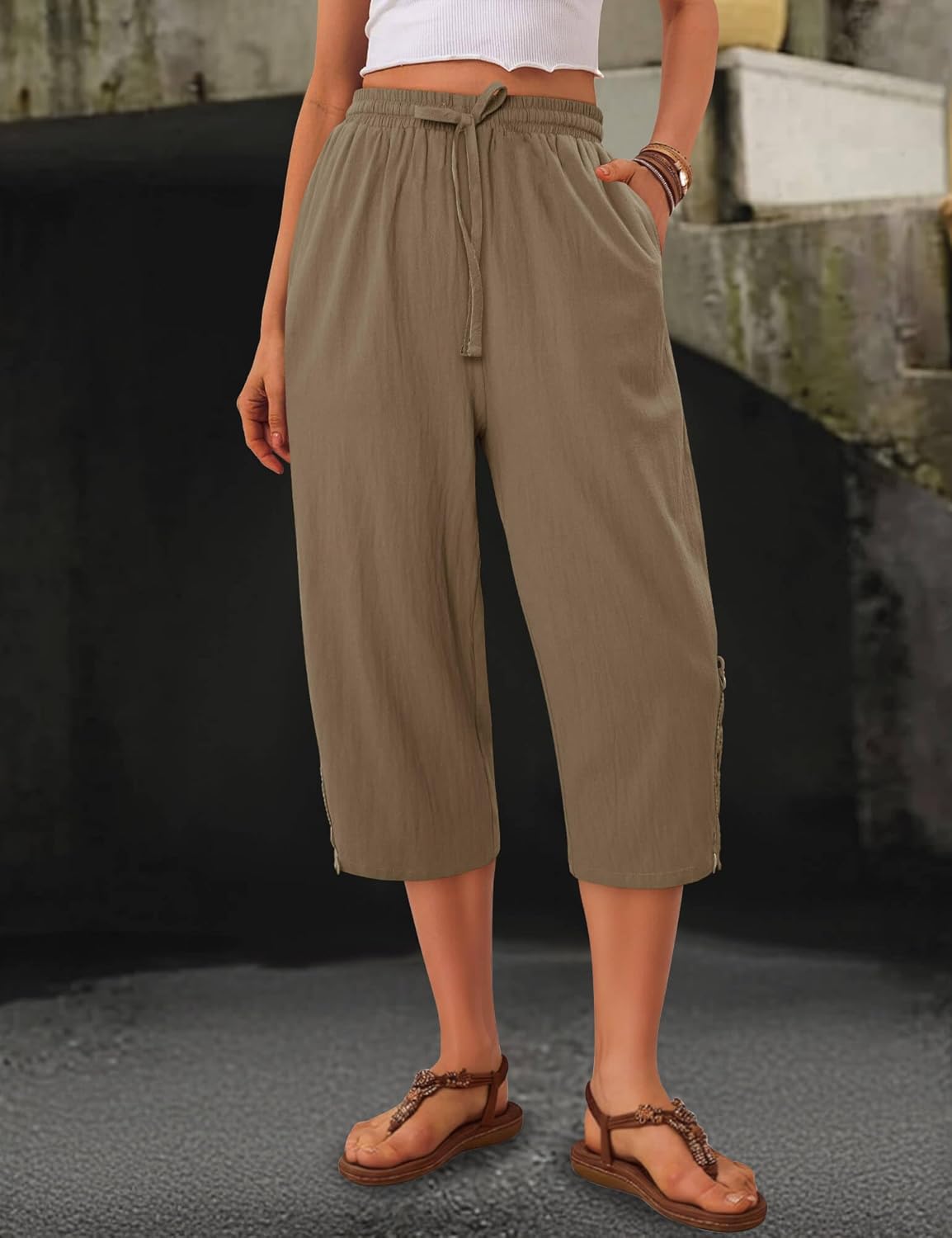 ONLYSHE Womens Capri Pants Casual Cotton Linen Trousers Lightweight Drawstring Elastic Waist Pants with Pockets,XS-3XL - Image 3