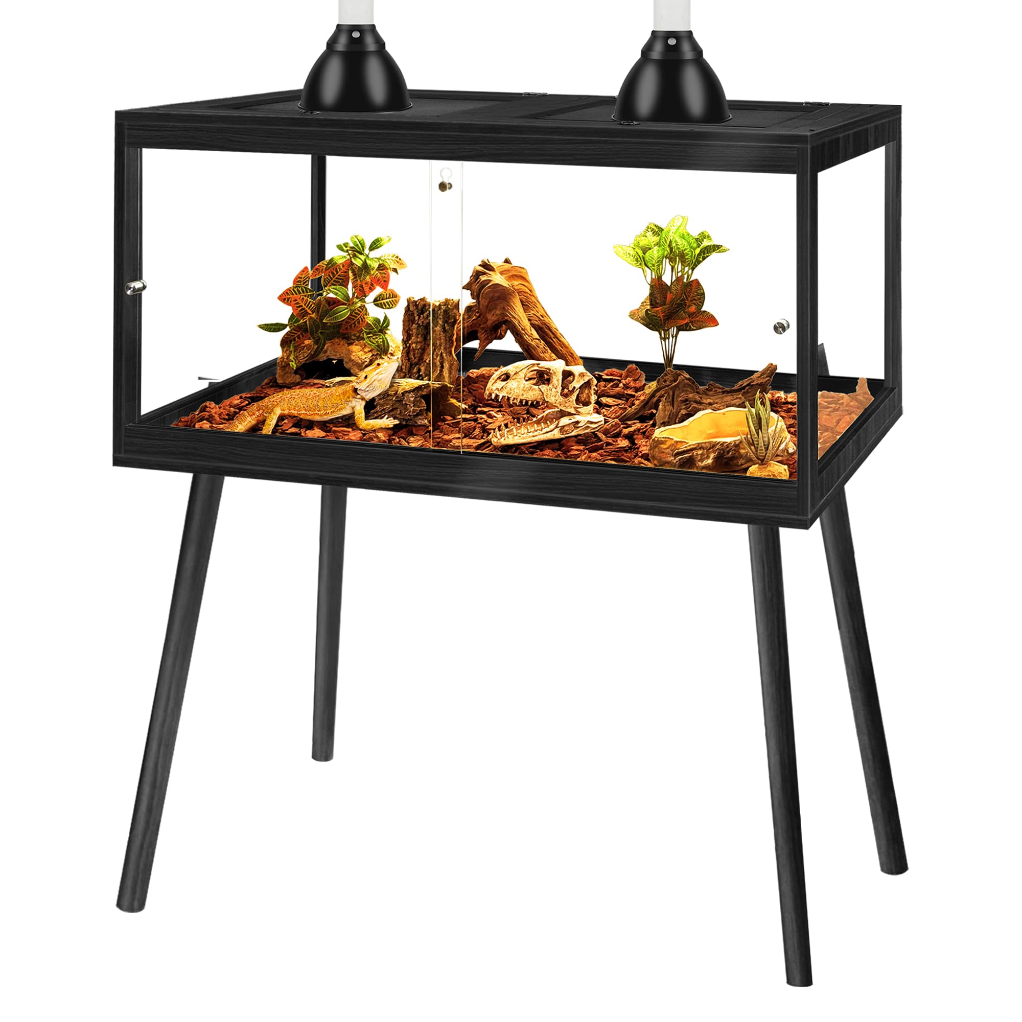 Bearded Dragon Tank with Leg,Tempered Glass Lizard Tanks and Reptile Enclosure,Up to 78 Gallon Reptile Tank with Metal Mesh and Lockable Door for Spacious Snakes and Chameleon(Black,32inch)