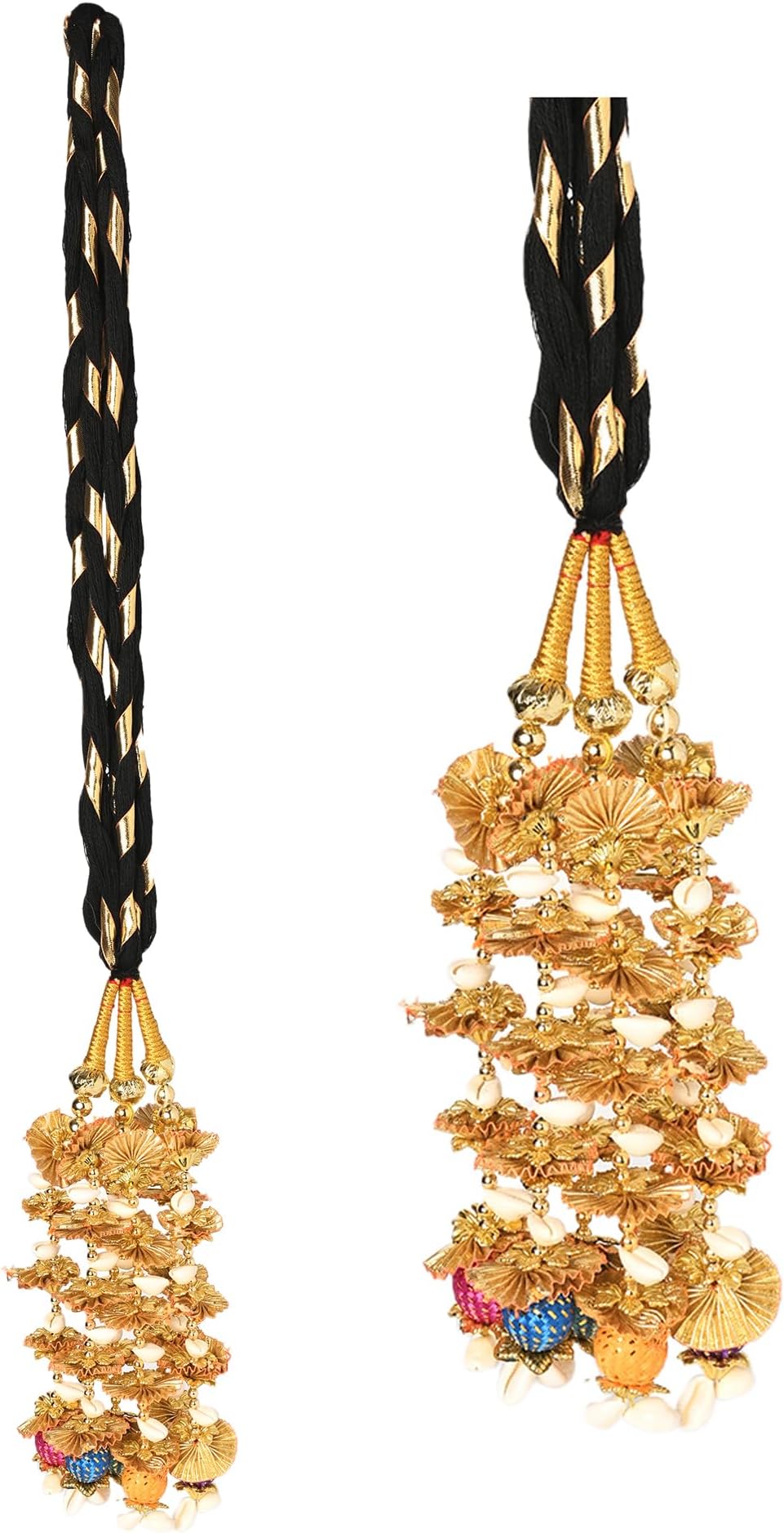 VTN Women's Patiala Shahi Parandi/Paranda Traditional Hair Accessory Braid Tassles/Hair Extension/Choti (Black with Golden Color Hangings & Multicolor Balls)
