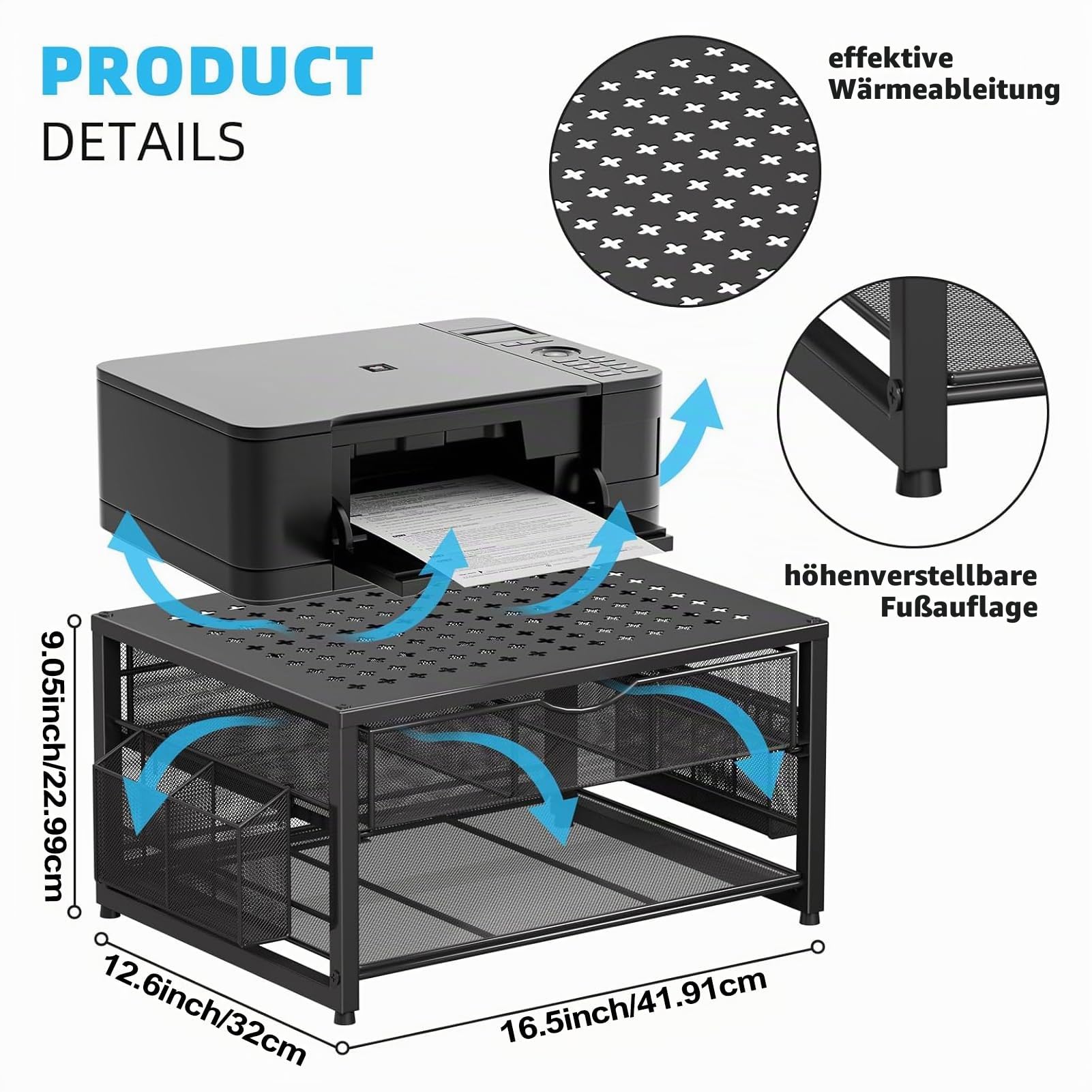 Marbrasse 2-Tier Druckerständer und Aufbewahrung,Monitor Stand with Drawer and 2 Pen Holders,Büroartikel Organizer aus Metall,Mehrzweck Schreibtisch Organizer für Faxgerät Scanner Computer (Schwarz)