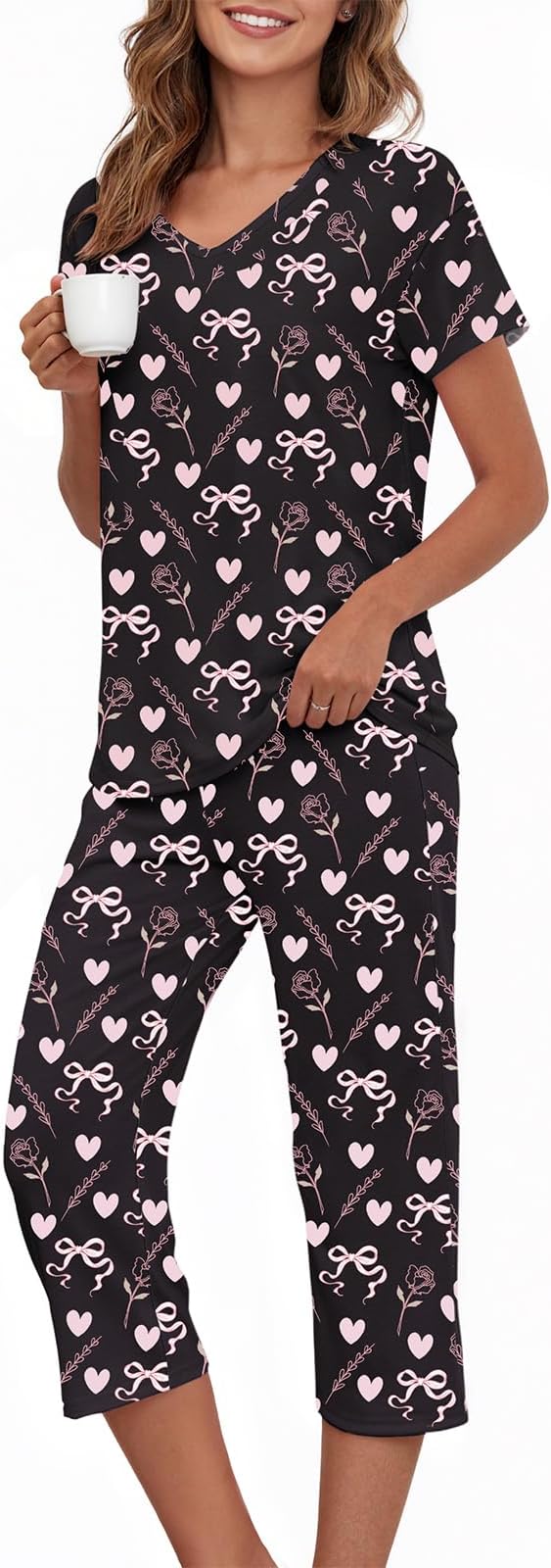 Womens Pajama Sets Cotton Blend Short Sleeve Sleepwear Soft Capri Pjs for Lounging Two Piece Set S-3XL