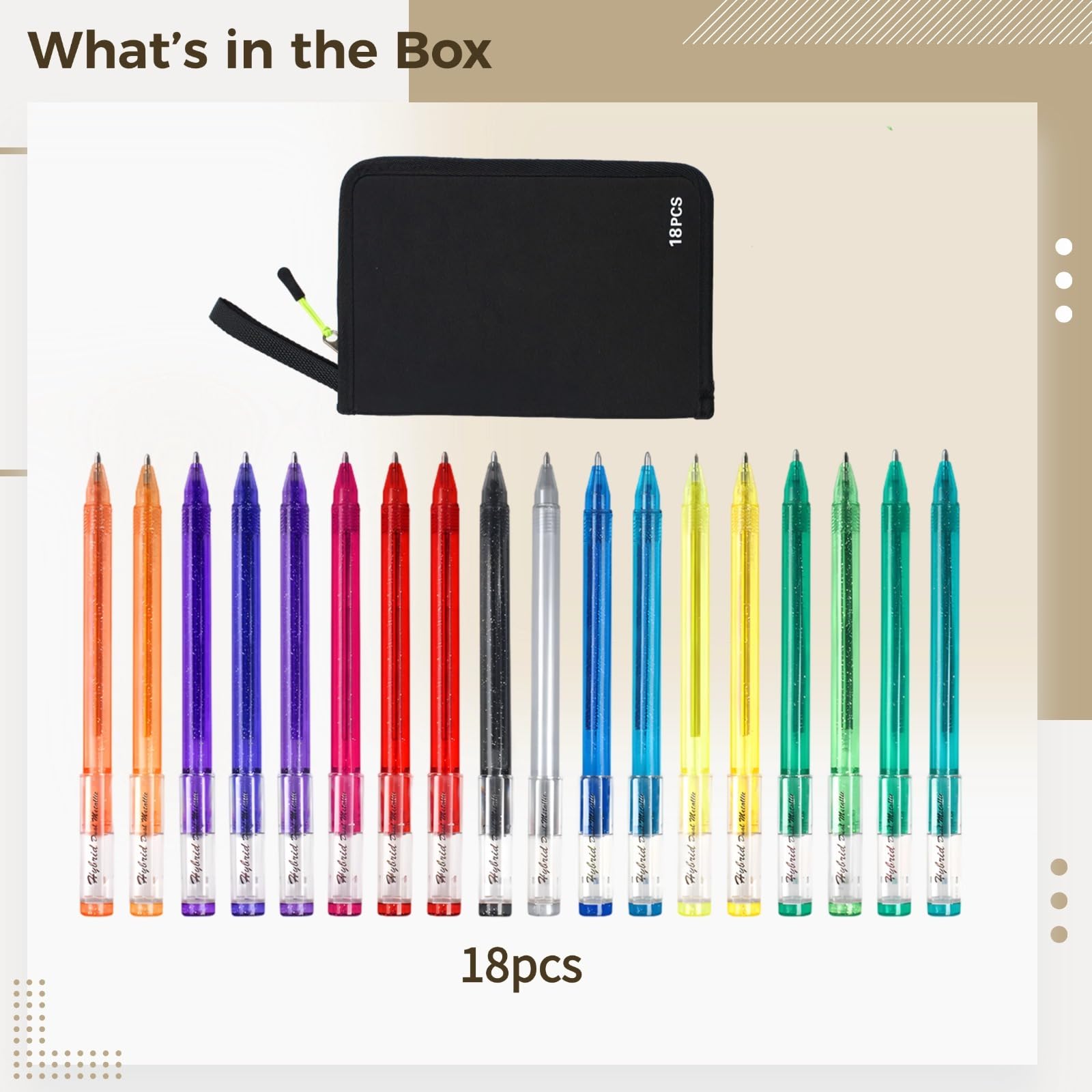 Stylos gel pailletés pour coloriage adulte, lot de 18 couleurs avec sac de rangement Oxford, double effet scintillant, écriture fluide, pointe 1,0 mm pour tracés précis