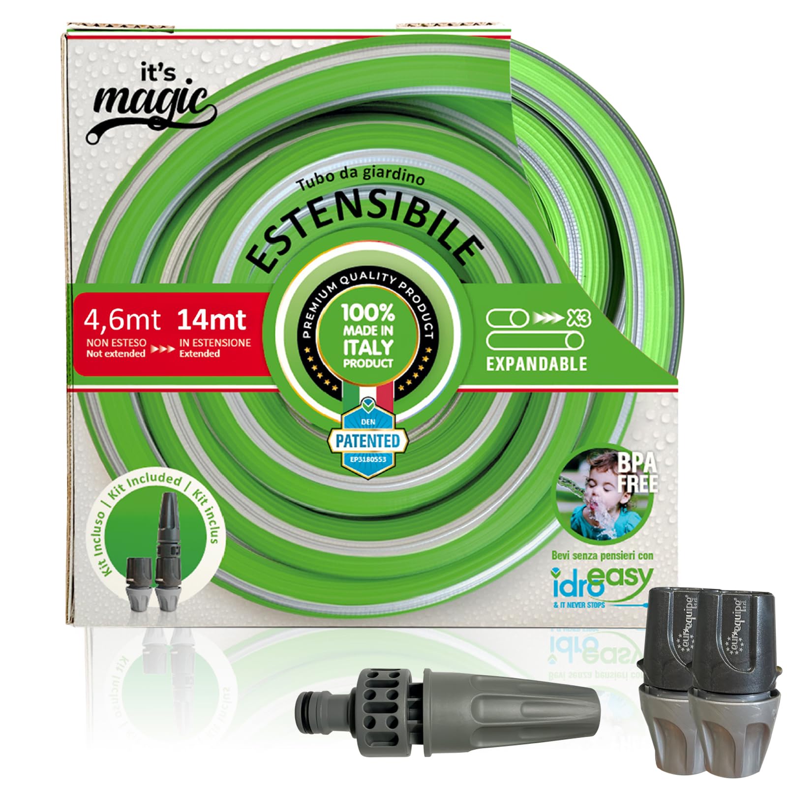 Tubo Estensibile da Giardino 14m 1/2'' Kit Completo con Lancia, Anti-Nodo, Antitorsione, Atossico, Raccordi Rapidi, Made in Italy
