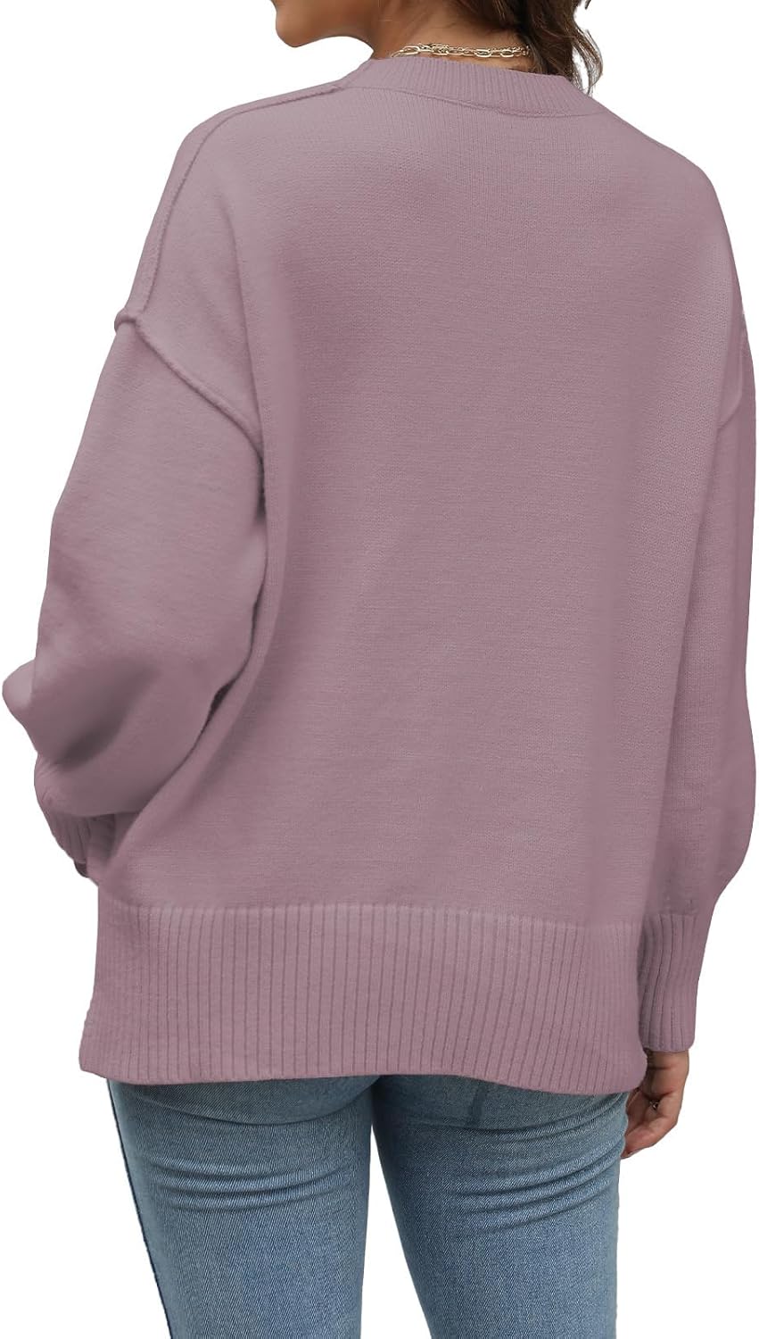 Womens Sweaters Crewneck Long Sleeve Pullover Tops Loose Fit Soft Knit Ribbed Hem Side Slit Casual Fall Winter Outfits