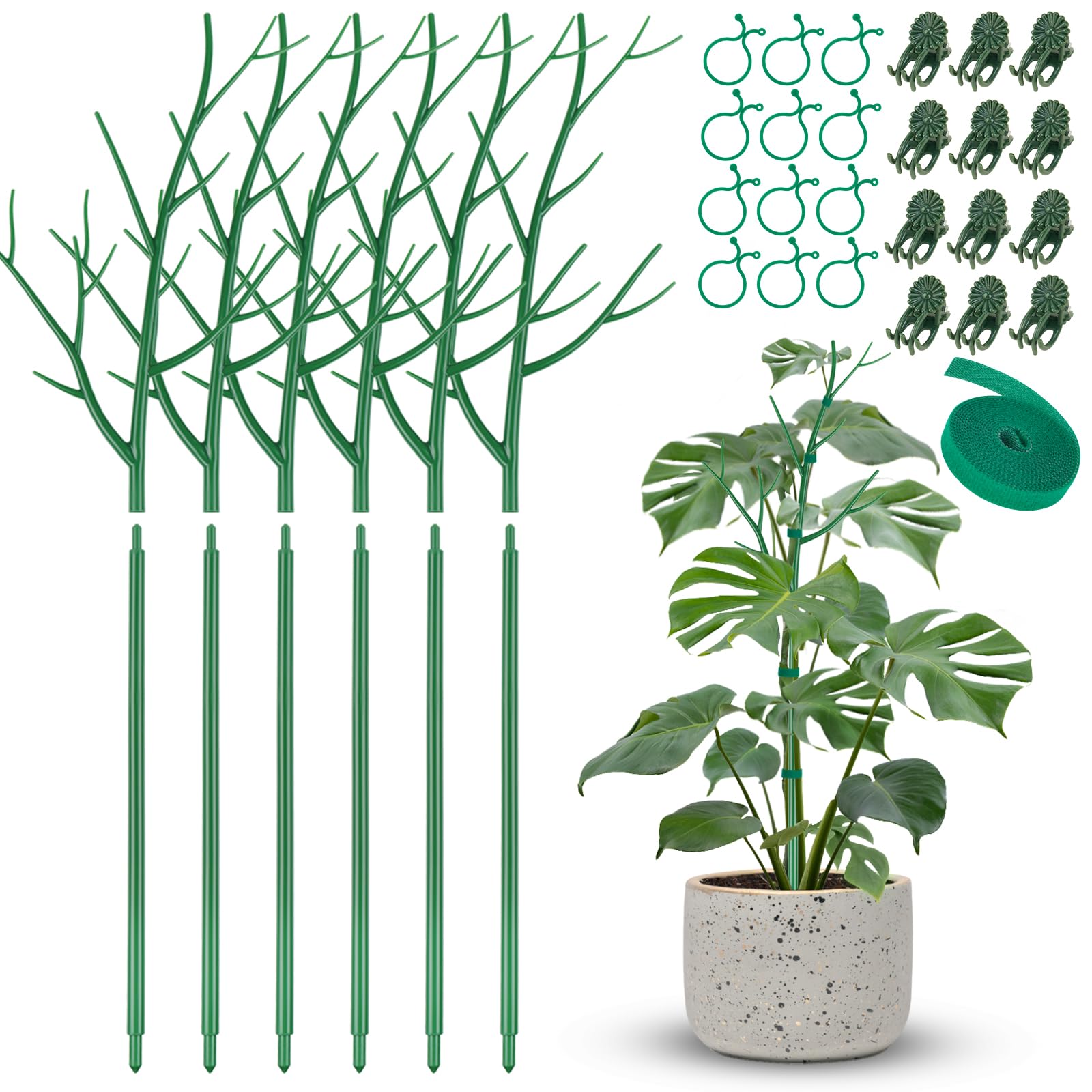 NiHome 28" Plant Support Stakes Set of 6 for Indoor & Outdoor Garden, Durable UV-Resistant Stakes with 12 Orchid Clips, 12 Circular Clips & 6 Ft Plant Tie for Climbing Plants, Vines & Shrubs (Green)