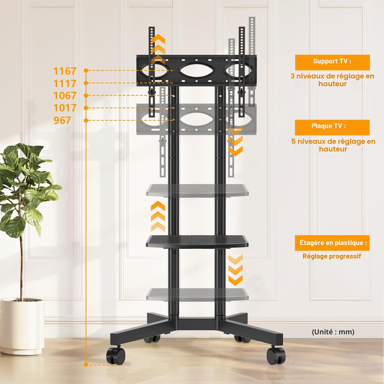 TVON Support TV sur Pied pour Télé de 32 à 75 Pouces, Réglable en Hauteur Support TV roulettes Pied TV avec Etagère Chariot Meuble TV Jusqu 'à 40 kg, Max VESA 400x400mm