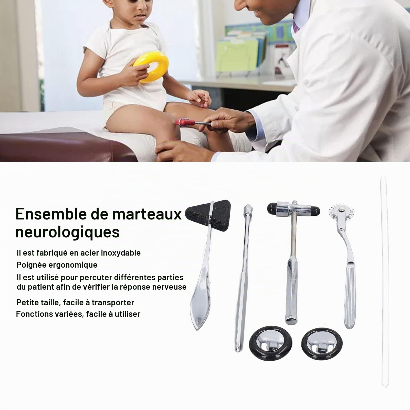 Ensemble de Marteau Réflexe Neurologique 5 Pièces - Portable Multifonctionnel en Acier Inoxydable pour Examen du Système Nerveux