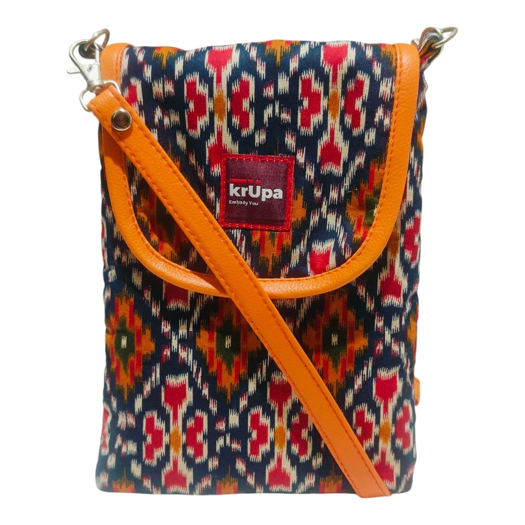 Ikkat Sling bag Mobile Phone Holder, Adjustable Strap for Women & Girls | 100% Cotton, Water-Resistant Lining, Eco-Friendly Pure Cotton Fabric perfect for every day use Nevy Blue with Orange-image-32