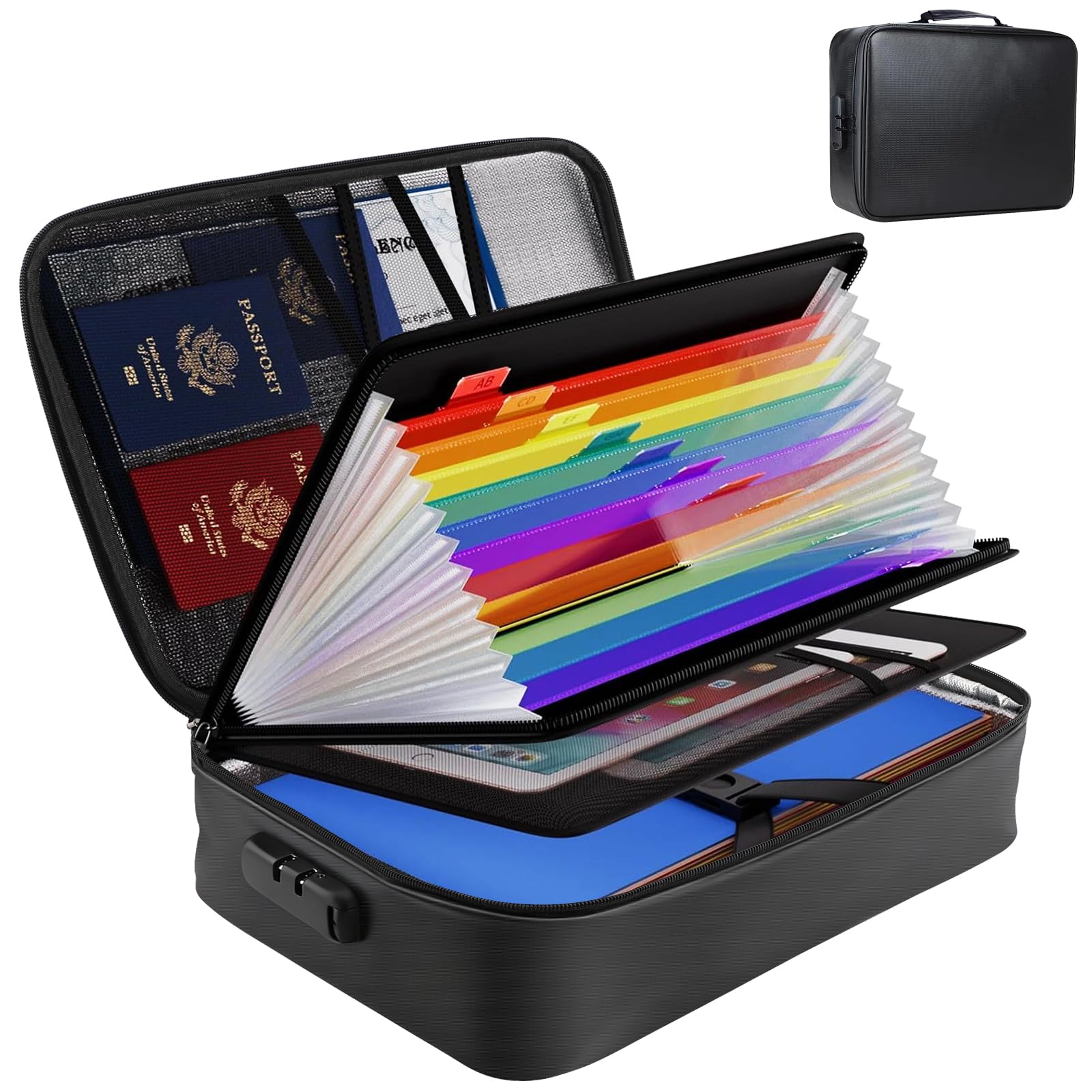OITUGG Fireproof Document Box, 14.1''×11''×3.9'', 3 Layer Storage and Combination Lock Design, with 13 Accordion Pockets and 30 Inserts Pockets, High Temperature Resistance 1000°C, Size 36 x 28 x 10cm