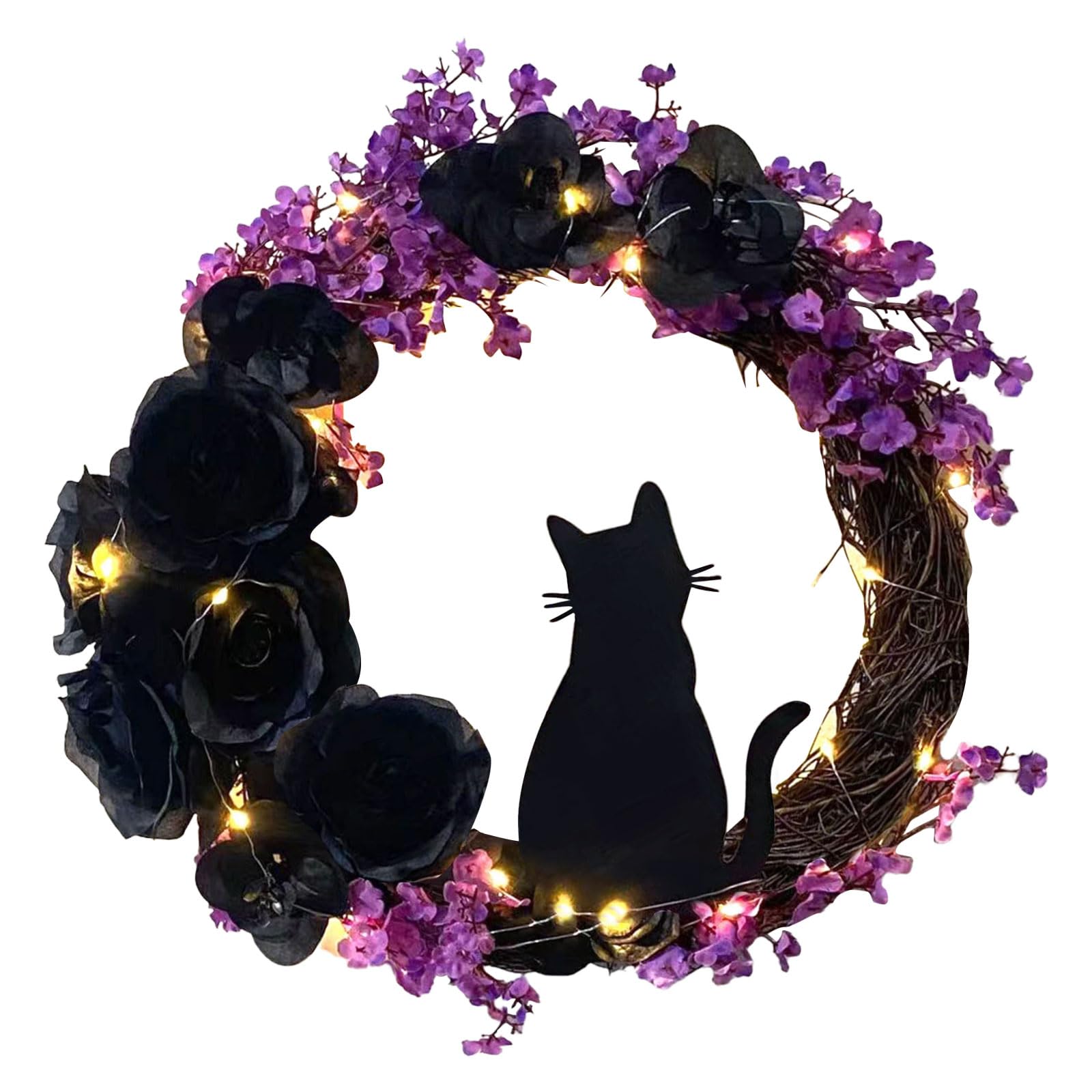 GLLBTPT Halloween Black Moon Cat Wreath Signs for Front Door with Lights,Handcrafted Halloween Horror Wreath for Indoor Outdoor Party Window Wall