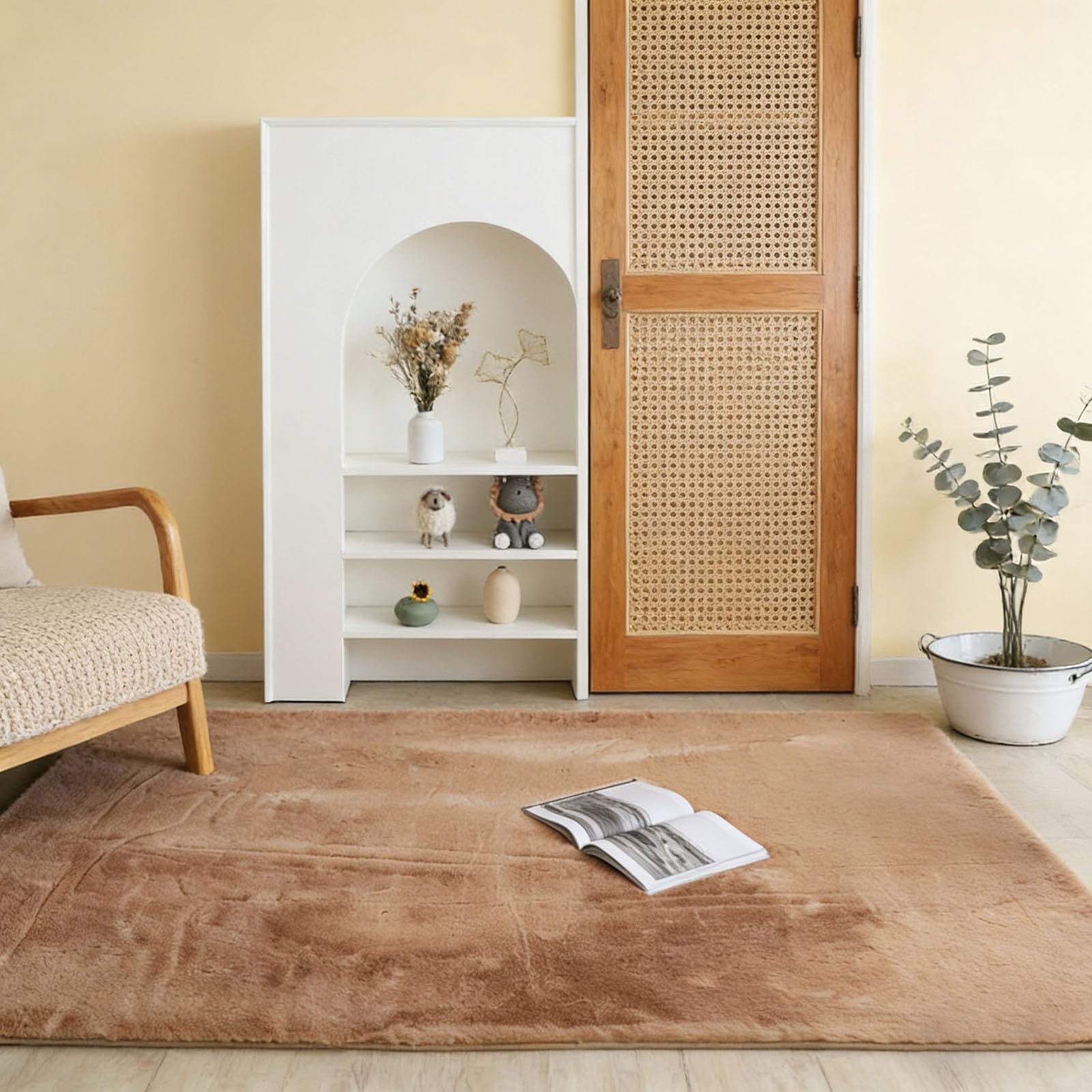 Tapis aspect fourrure de qualité supérieure 80x200 cm à poils ras couleur kaki