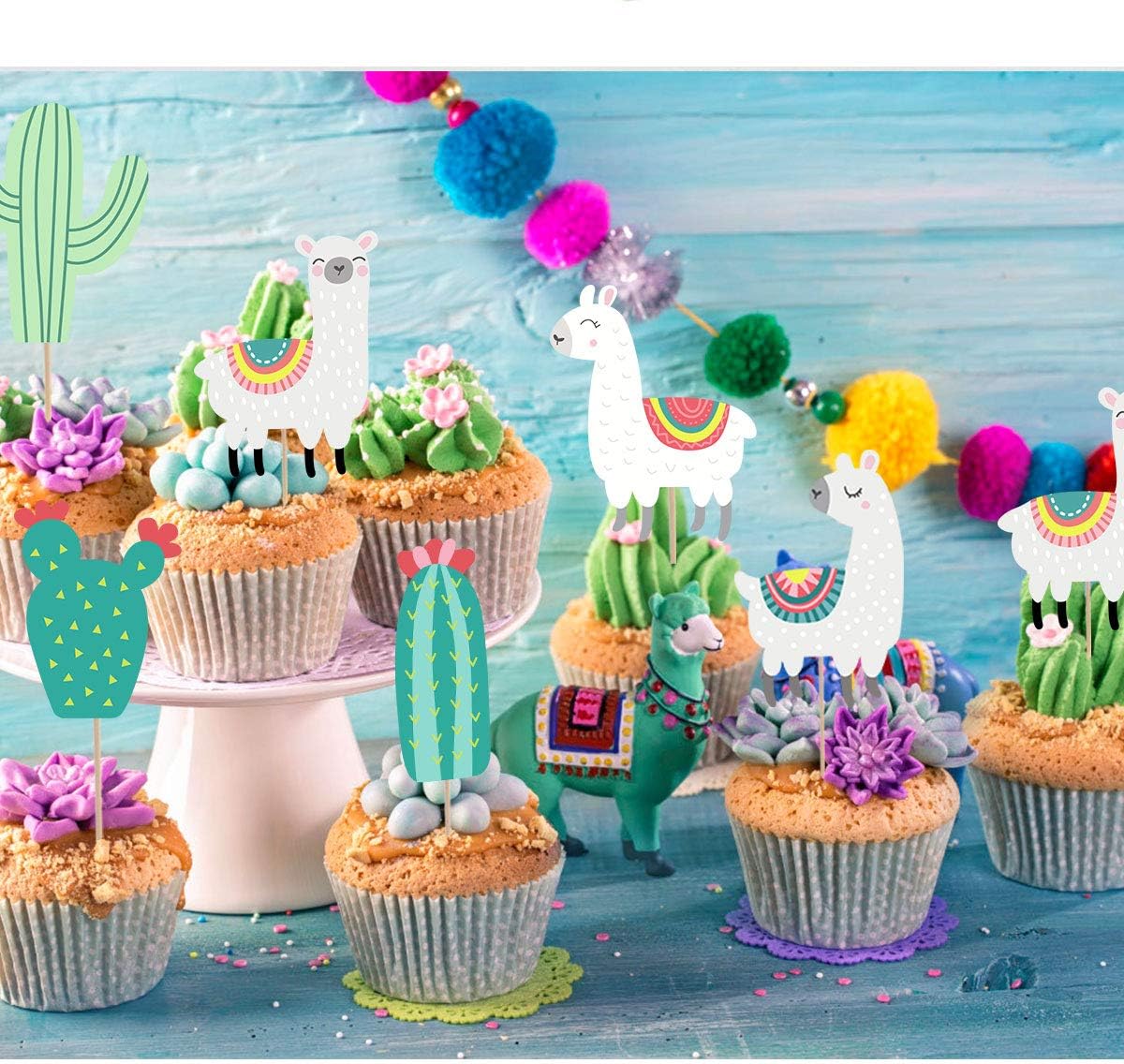 Llama Cactus Alpaca Cupcake Topper (48Pcs), Mexican Taco Llama Fiesta Cinco De Mayo Party Supplies Birthday Baby Shower Party Decorations