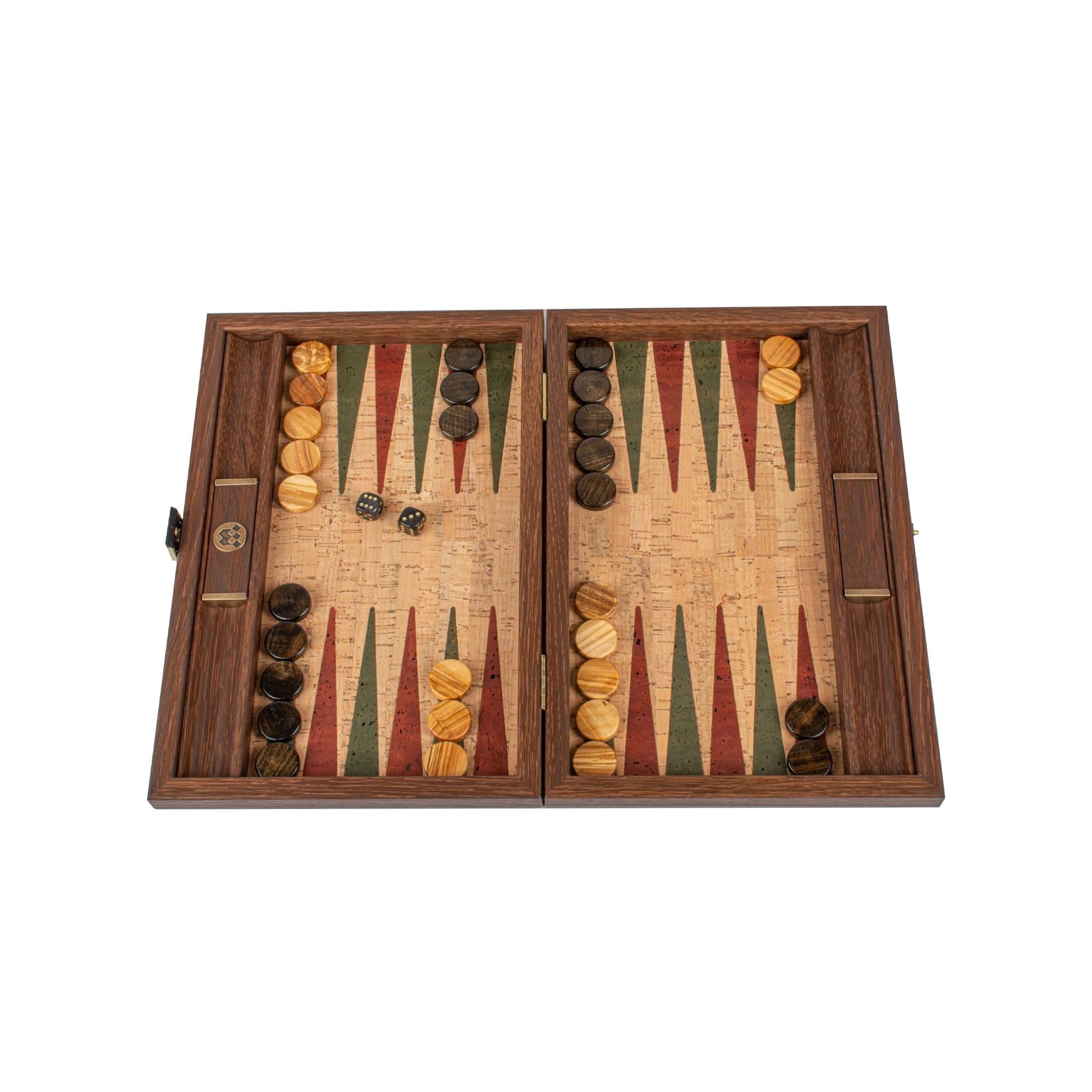 Luxury Manopoulos Natural Cork Backgammon Set, Olive Wood Checkers - Premium Set Handmade in Greece by Experts (30 x 17cm CLOSED), Adults 14+