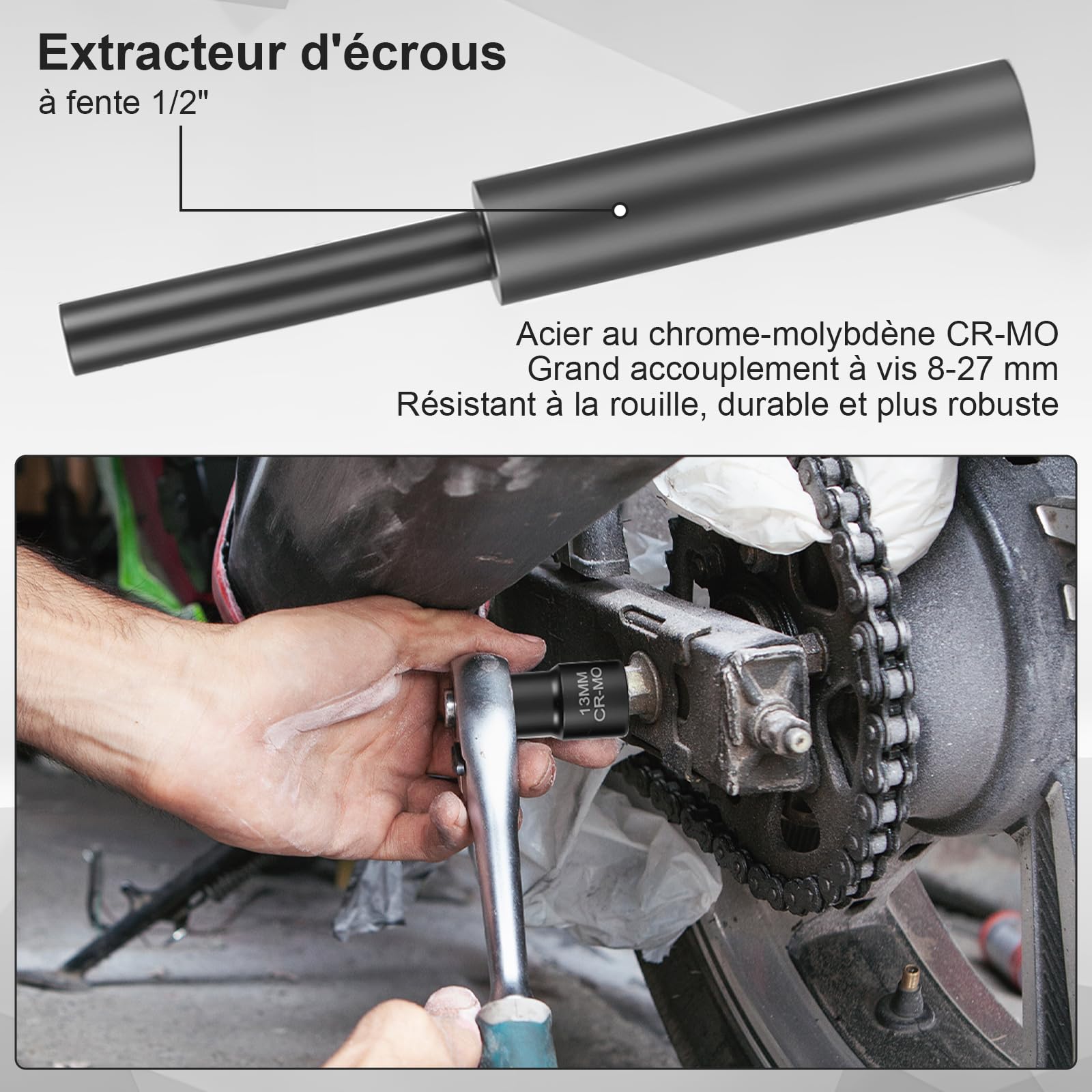 Extractor de tornillos y tuercas antirrobo para ruedas de coche - Juego de casquillos de extracción helicoidal para tuercas dañadas, rayadas o cerradas, compatible con 8-27 mm, entrada 1/2″