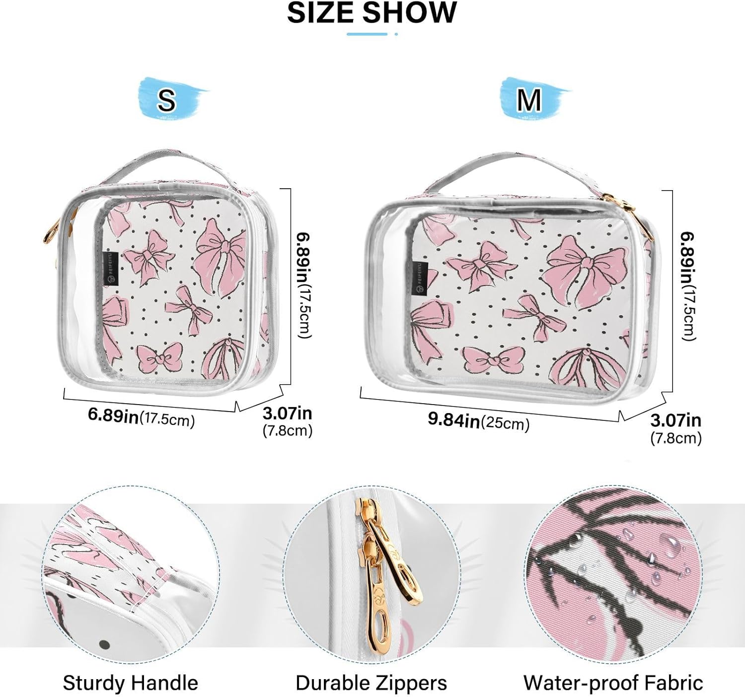 Kigai Pink Bow Makeup Bags for Women and Girls Waterproof Portable Cosmetic Bag Clear Toiletry Bag with Zipper & Handle Travel Accessories Organizer, 2 Pack - Image 4