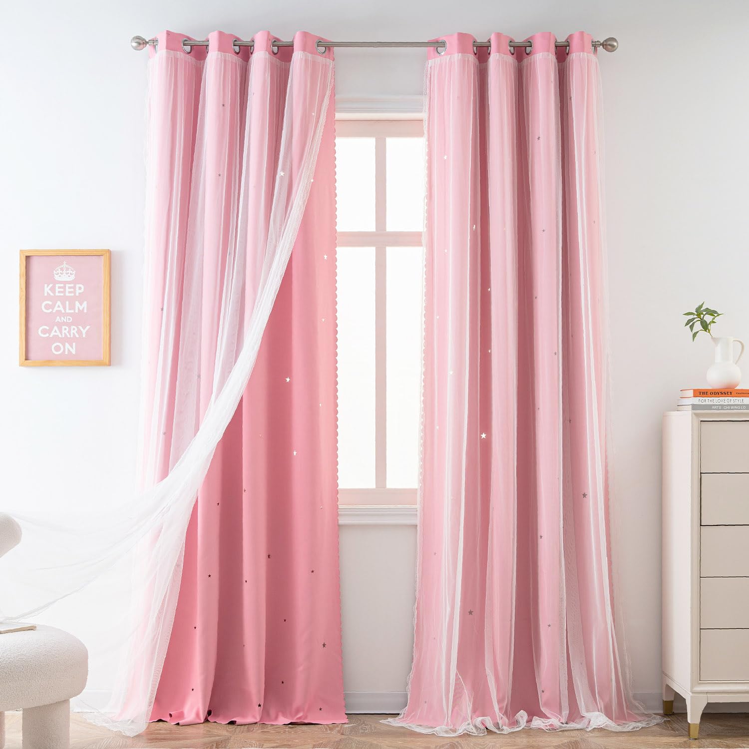 Yancorp Pink Curtains for Bedroom Living Room Thermal Insulated Kids Curtain Hollow-Out Star Window Nursery Curtain 63 inches Length Room Darkening