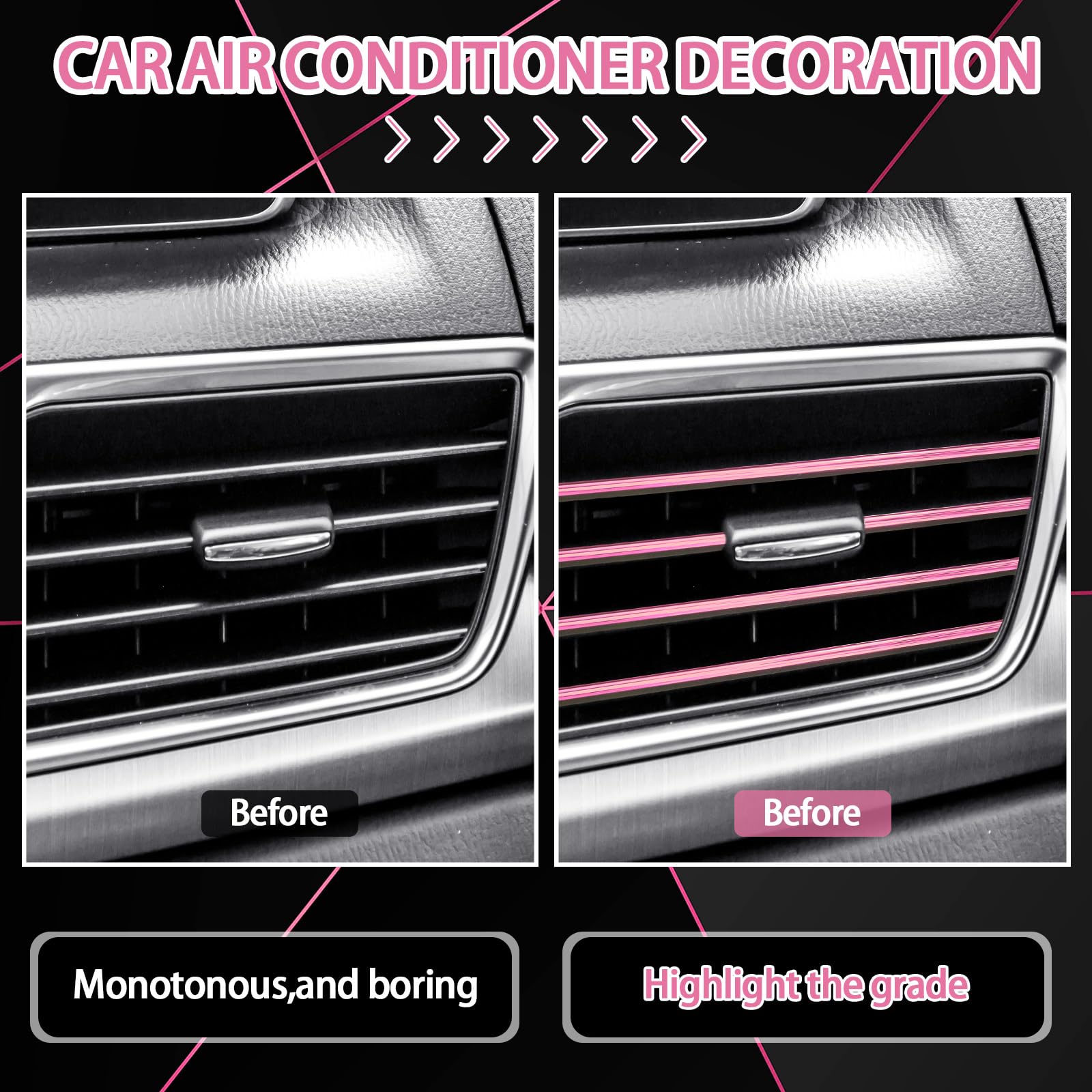 Riakrum 30 Pcs Car Accessories Set Pink and Black PU Leather Steering Wheel Cover Auto Interior Accessories Gift Car Vent Trim Strips Air Conditioner Insert Strips with Installation Tool