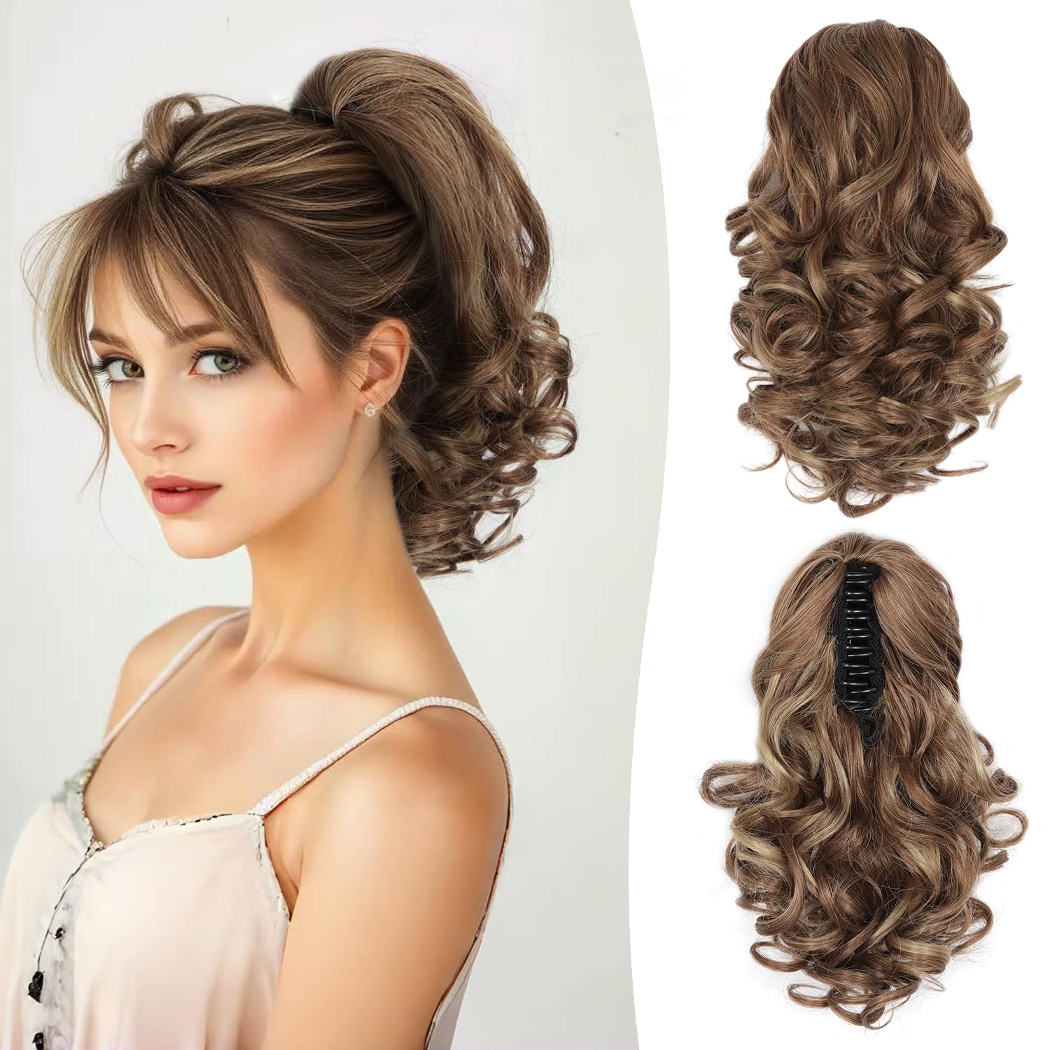 Photo 1 of 12 Inch Ponytail Extension - Clip in Ponytail Hair Extensions, Curly Wavy Pony Tails Hair Extensions, Synthetic Claw Clip Ponytail Extension for Women (Color: Light Brown With Blonde Highlights)