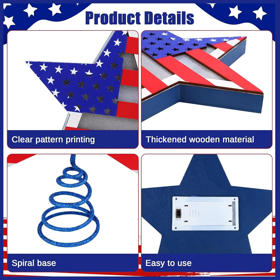 Fangoo 9.8 Inch 4th of July Patriotic Star Tree Topper with LED Lights Memorial Day USA 250th Anniversary Red White and Blue Christmas Tree Toppers for Independence Day Home Office Party Decor - image 4
