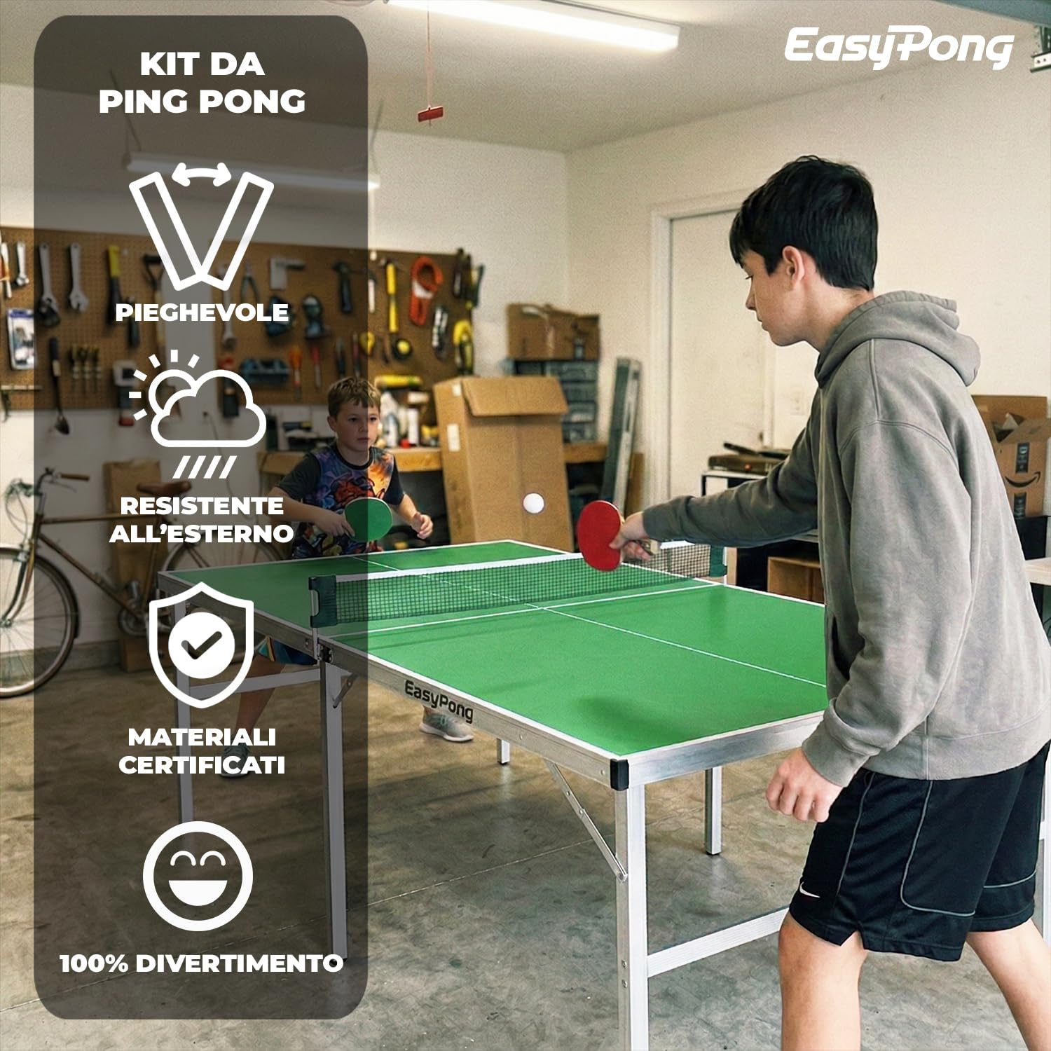 EasyPong | Tavolo da Ping Pong Verde | 182x91cm | qualità Premium | Facile da trasportare | Stabile | Ideale per Esterni e Interni | 2 Racchette + 4 Palline | Tennis da Tavolo | OriginalCup