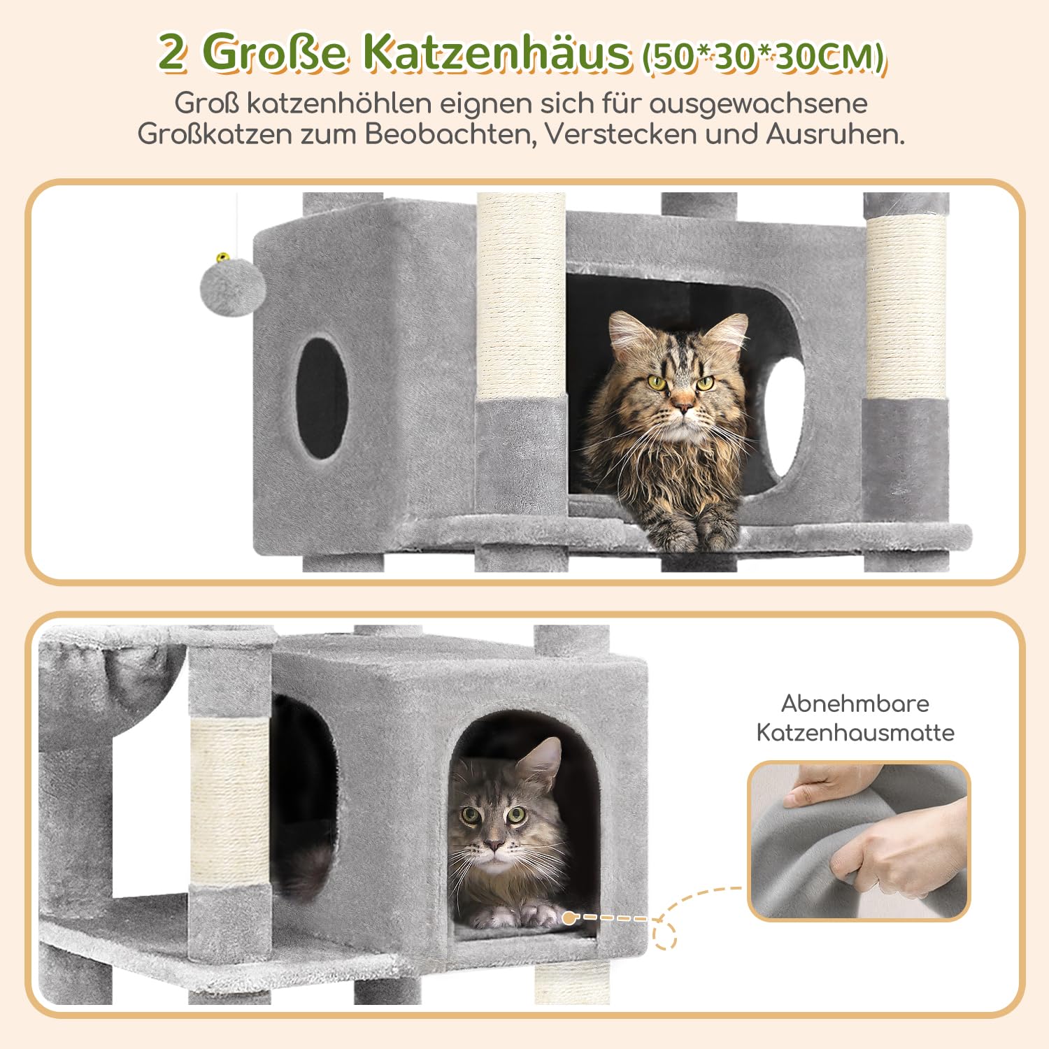 Globlazer Kratzbaum Große hoch 188 cm mit 2 Großer Katzenhaus, Gepolsterte Plattform, 2 Katzenkorb Vergrößern, Reinigbar Katzenbaum Ecke Stabil Kippsicher für Große Katzen Schwere (S74, Hellgrau)
