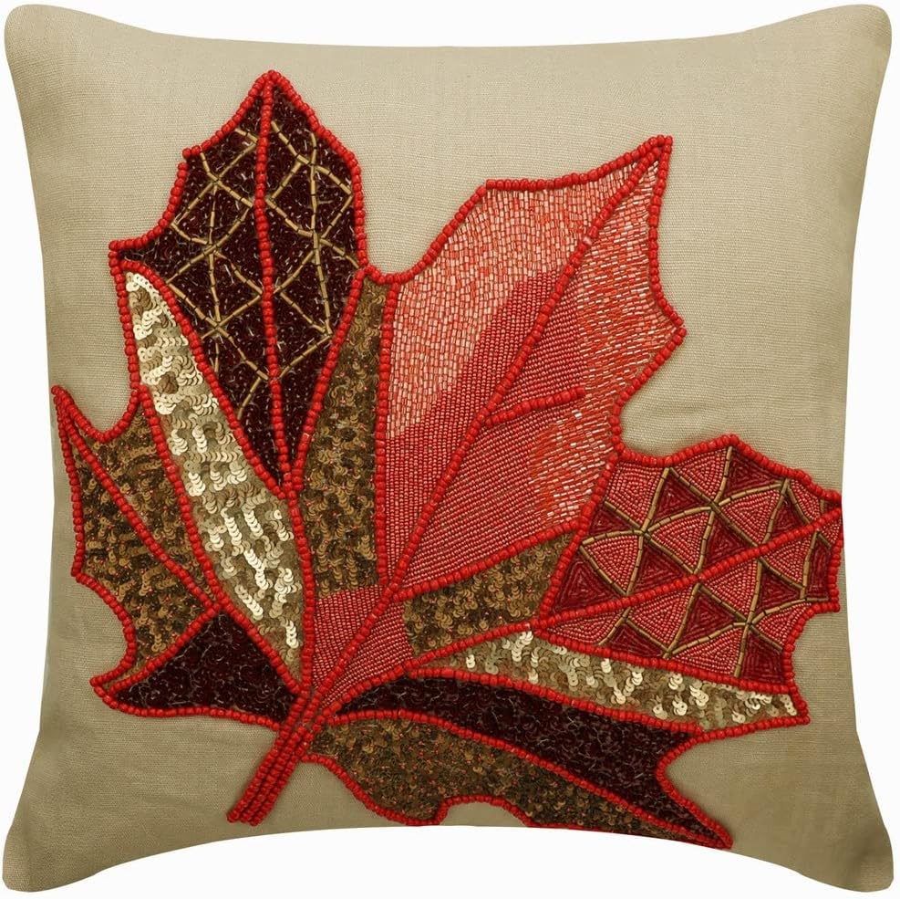 ザ ホームセントリック レッド ベージュ クッション 35 X Cm リネン 枕 ビーズ メープルリーフ Changing Maple 売れ筋 ランキングも