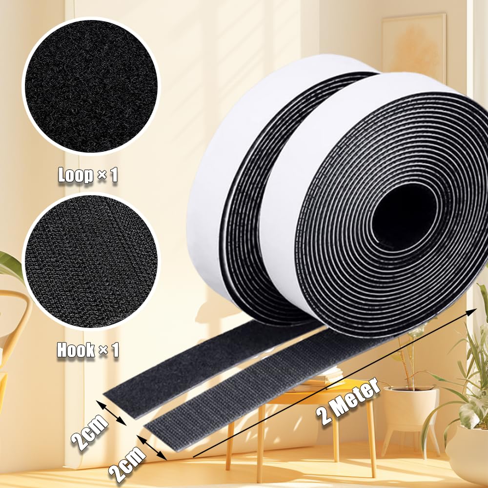 Belcro Adhesivo Doble Cara - 2 m x 20 mm Negro Hook Loop Autoadhesivo Cinta Rollo Doble Cara Cinta de Autoadhesiva para Oficina, Doméstica, Bricolaje