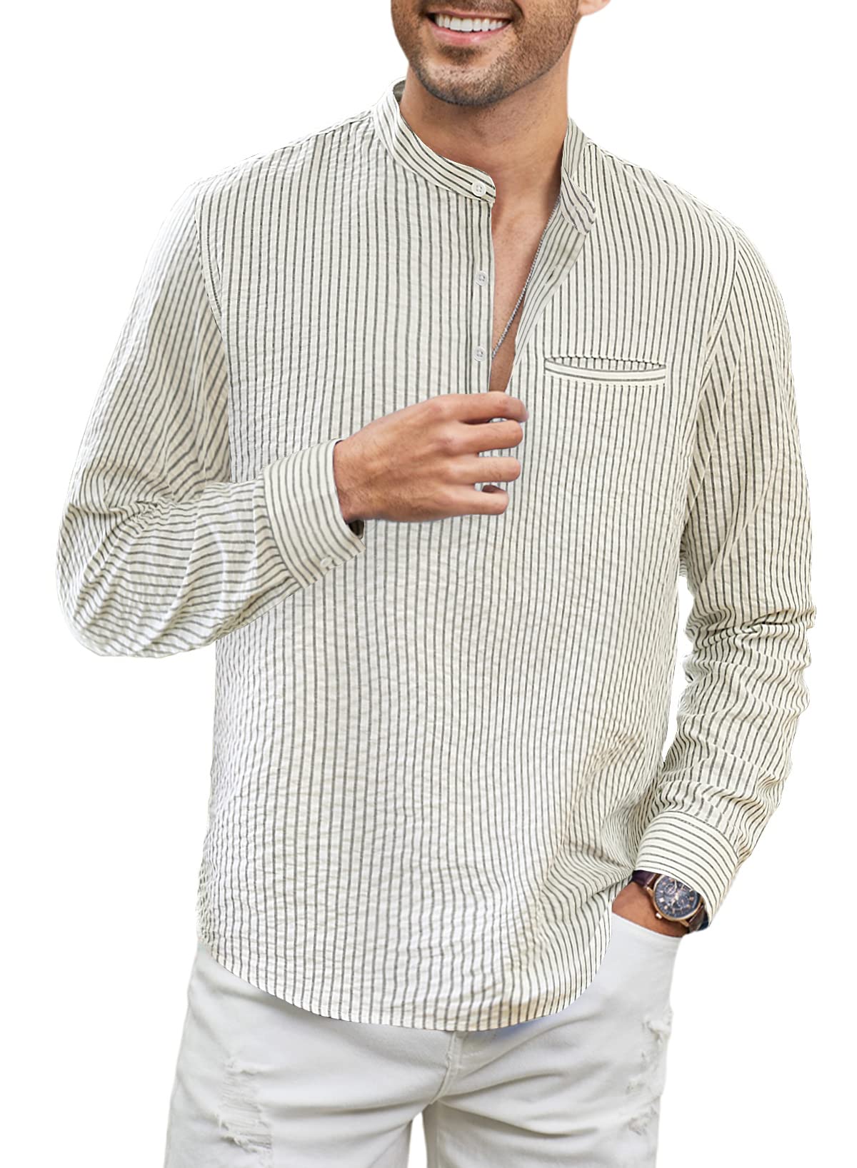 APOONABA Camisa Hombre Manga Larga Rayas Camisetas Casual Coton Camisa Clásico Shirts Regular Fit