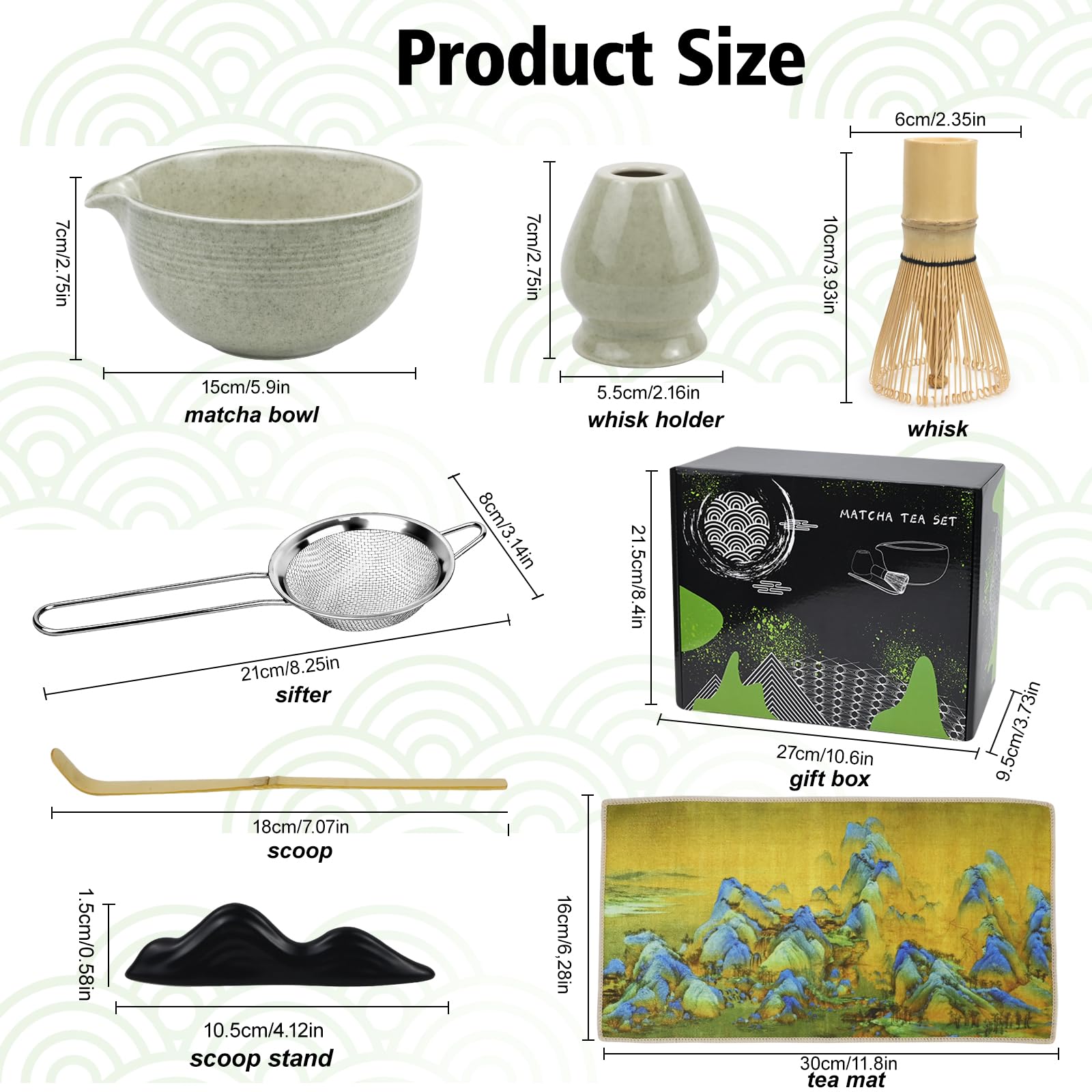 Zestaw do herbaty matcha, 7 sztuk, z sitkiem filtrującym matcha, miotłą do matchy, miseczką do matchy, łyżką matchą, podkładką na ręcznik do herbaty, zestaw upominkowy do tradycyjnego