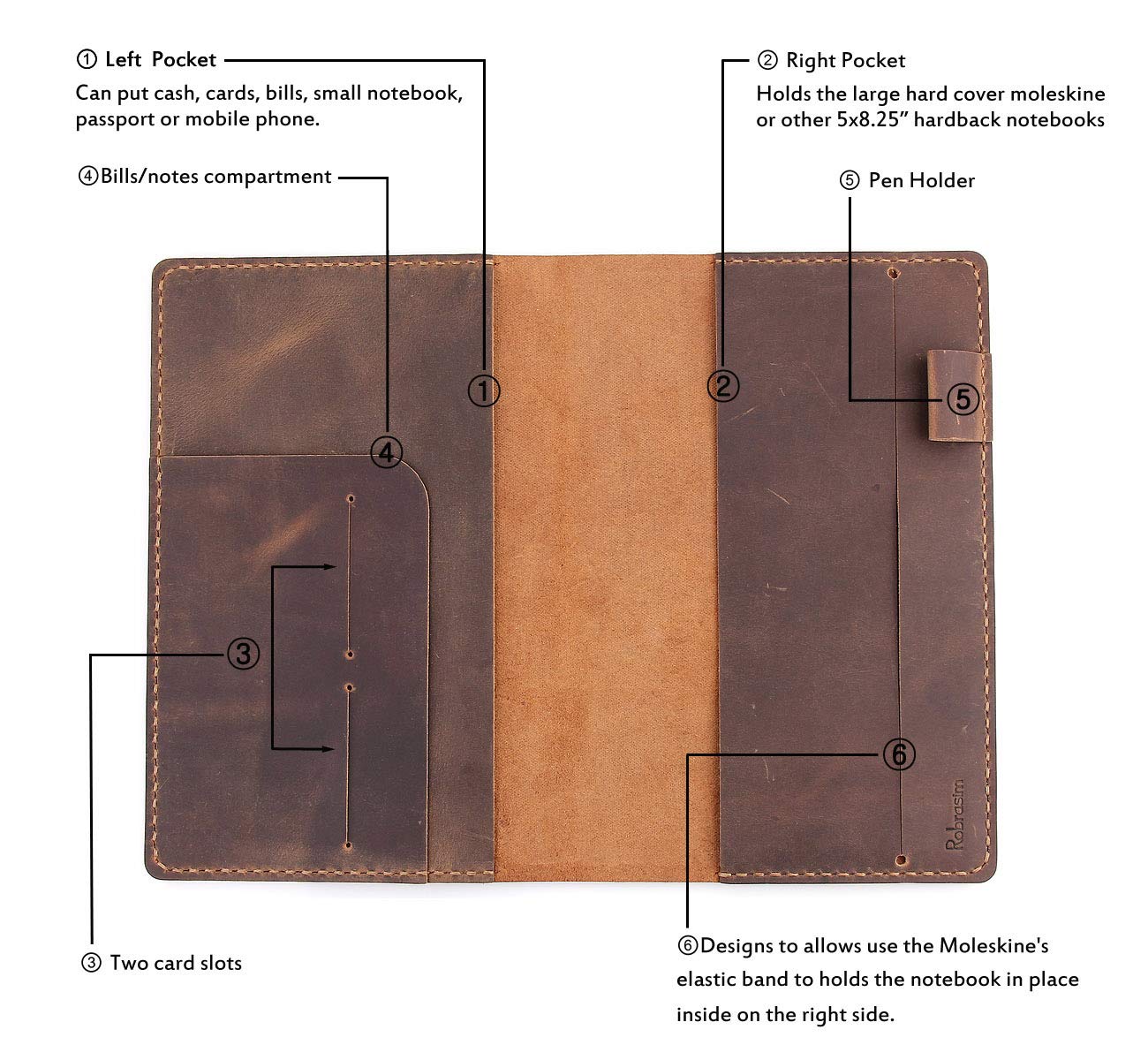 Custodia in pelle per diario Moleskine grande con copertina rigida, realizzata a mano, in pelle vintage per taccuini con copertina rigida da 5 x 8 cm, marrone