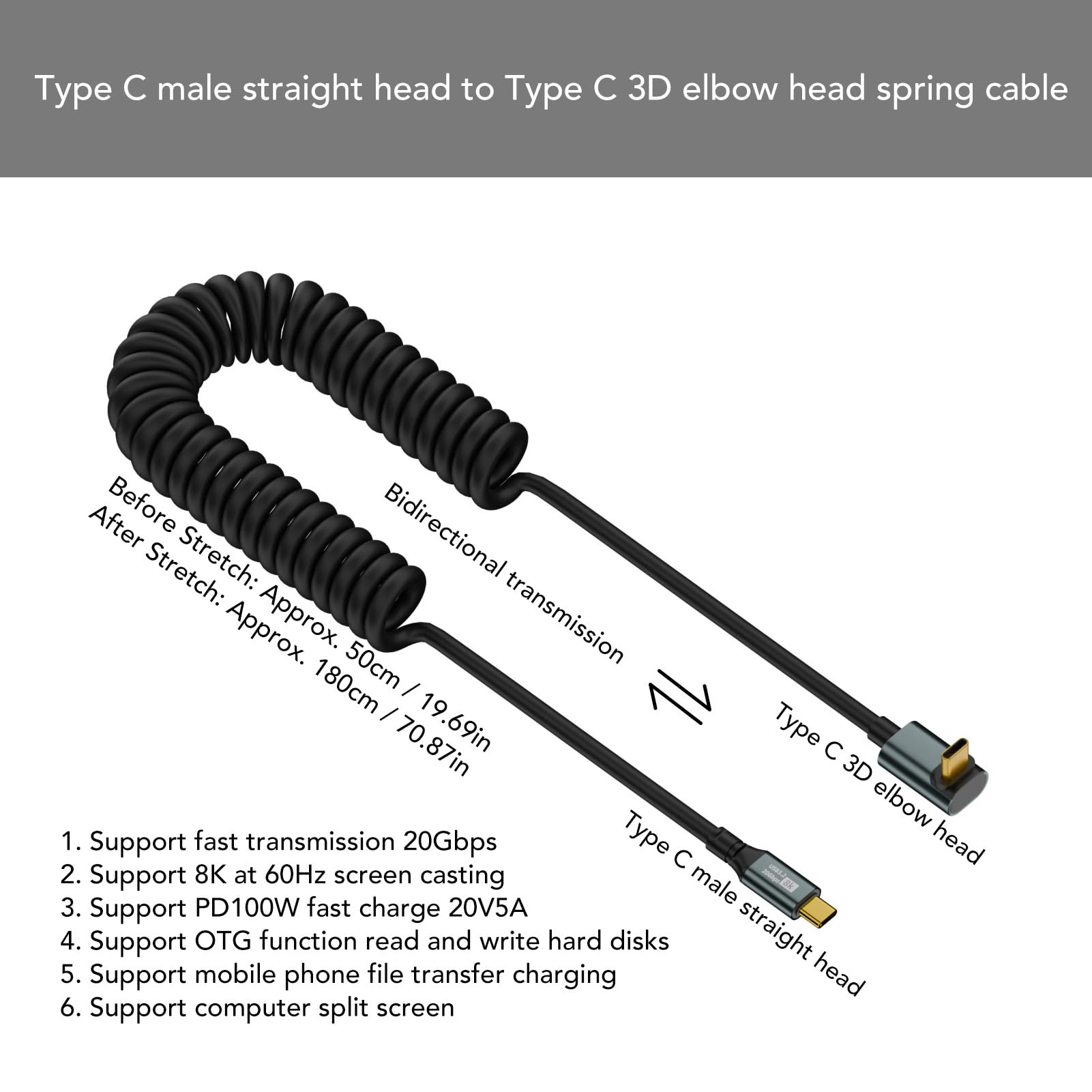 Kabel USB C na USB C, Kabel USB C, Przewód ładowarki Typu C, Kabel Spiralny ze sprężyną Szybkiego ładowania PD100W, Kabel Danych USB3.2 20 Gb/s 20V5A 8K 60 Hz (Kolanko 3D męskie