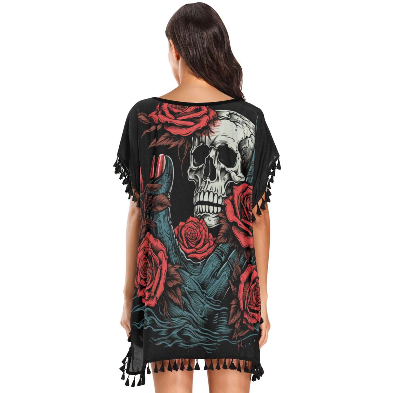 Red Rose Hand Skull Art Women's Beach Cover Up Chiffon Tassel Swimwear Swimsuit Coverups for Girl