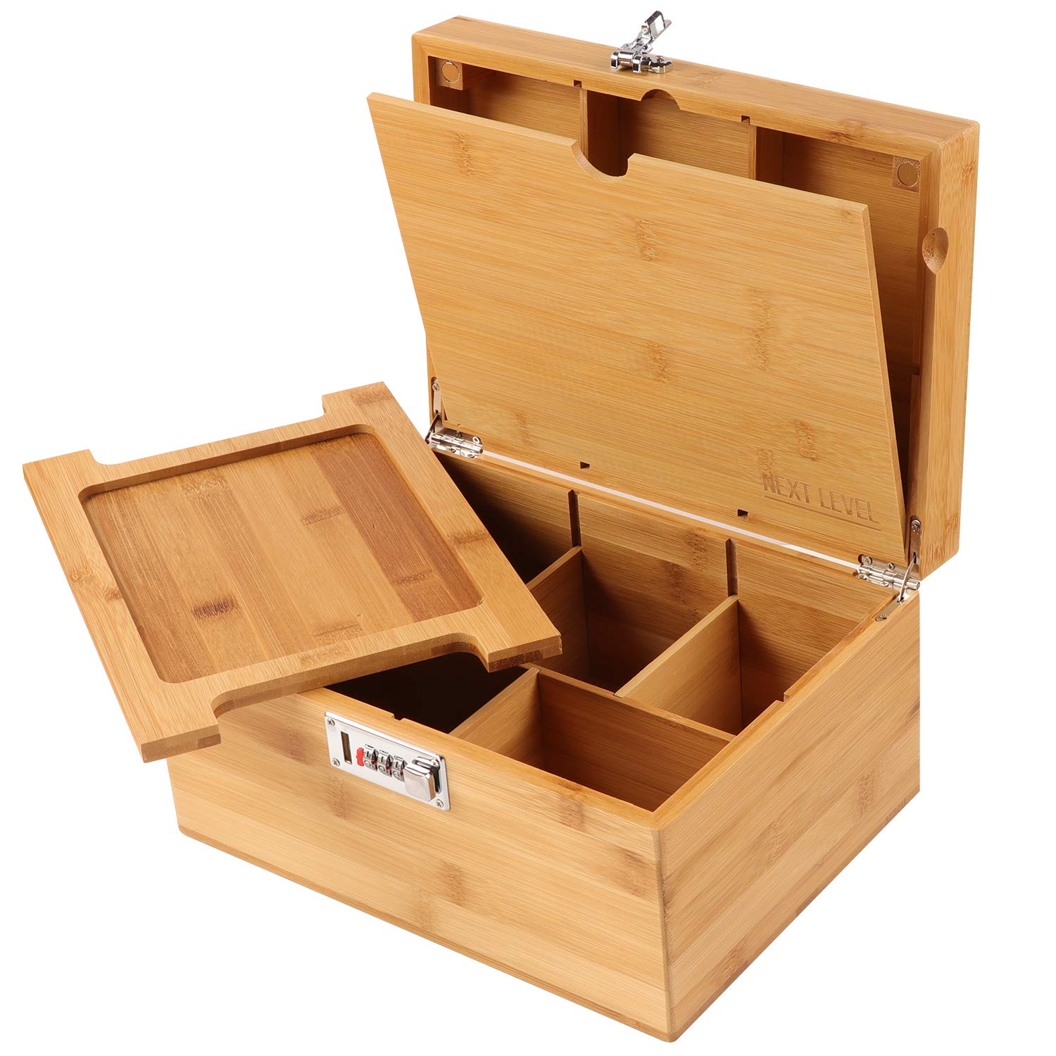 NEXT LEVEL PRODUCTS STASH Box !!! Wooden Stash Box with Rolling Tray for Herbs and Accessories, Store Grinders, Papers, Portable Organizer with Dividers