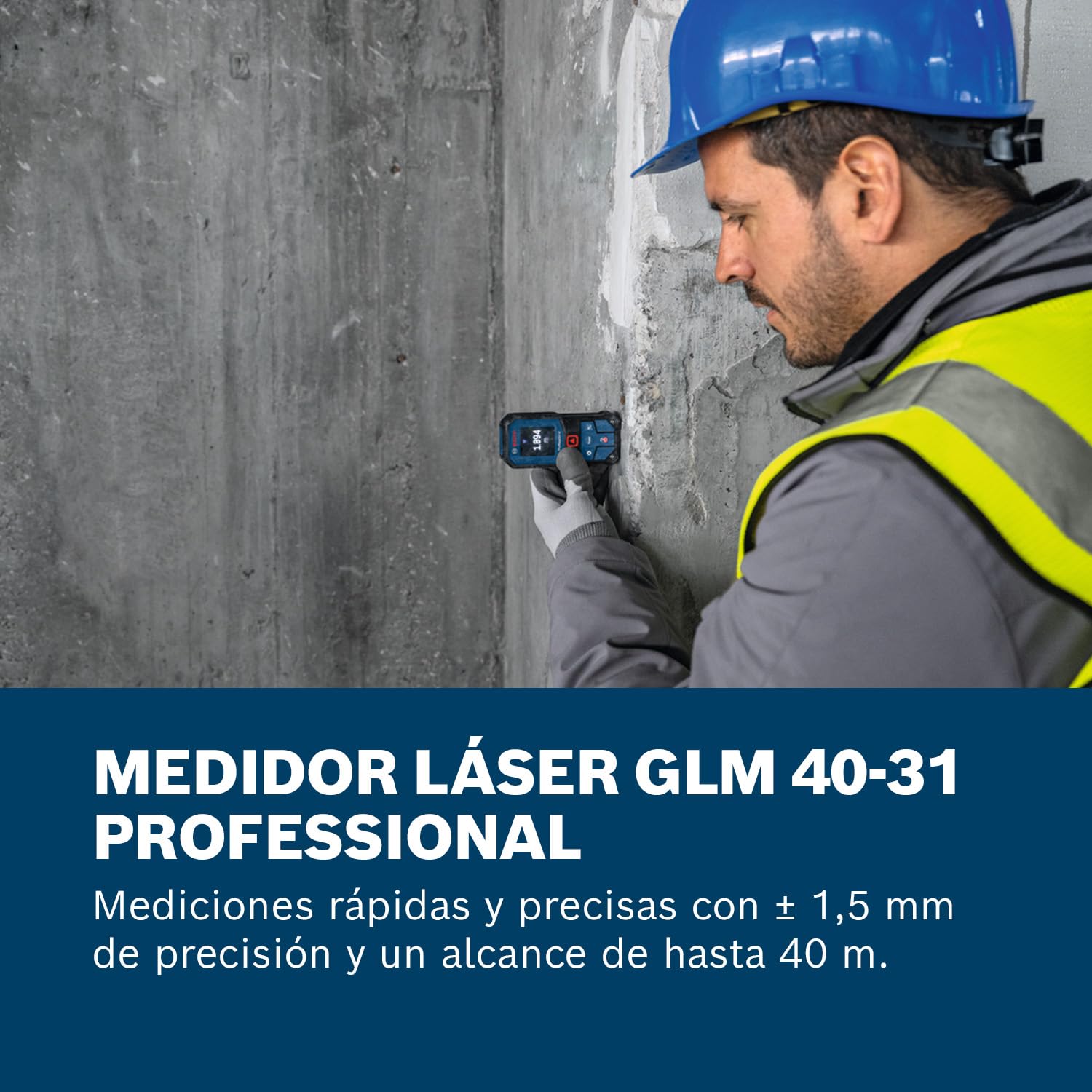 Medidor láser GLM 40-31 de Bosch Professional (IP65, cálculos automáticos de Longitud/área/Volumen, Pantalla a Color con iluminación intensa, Compatible con batería de Iones de Litio)