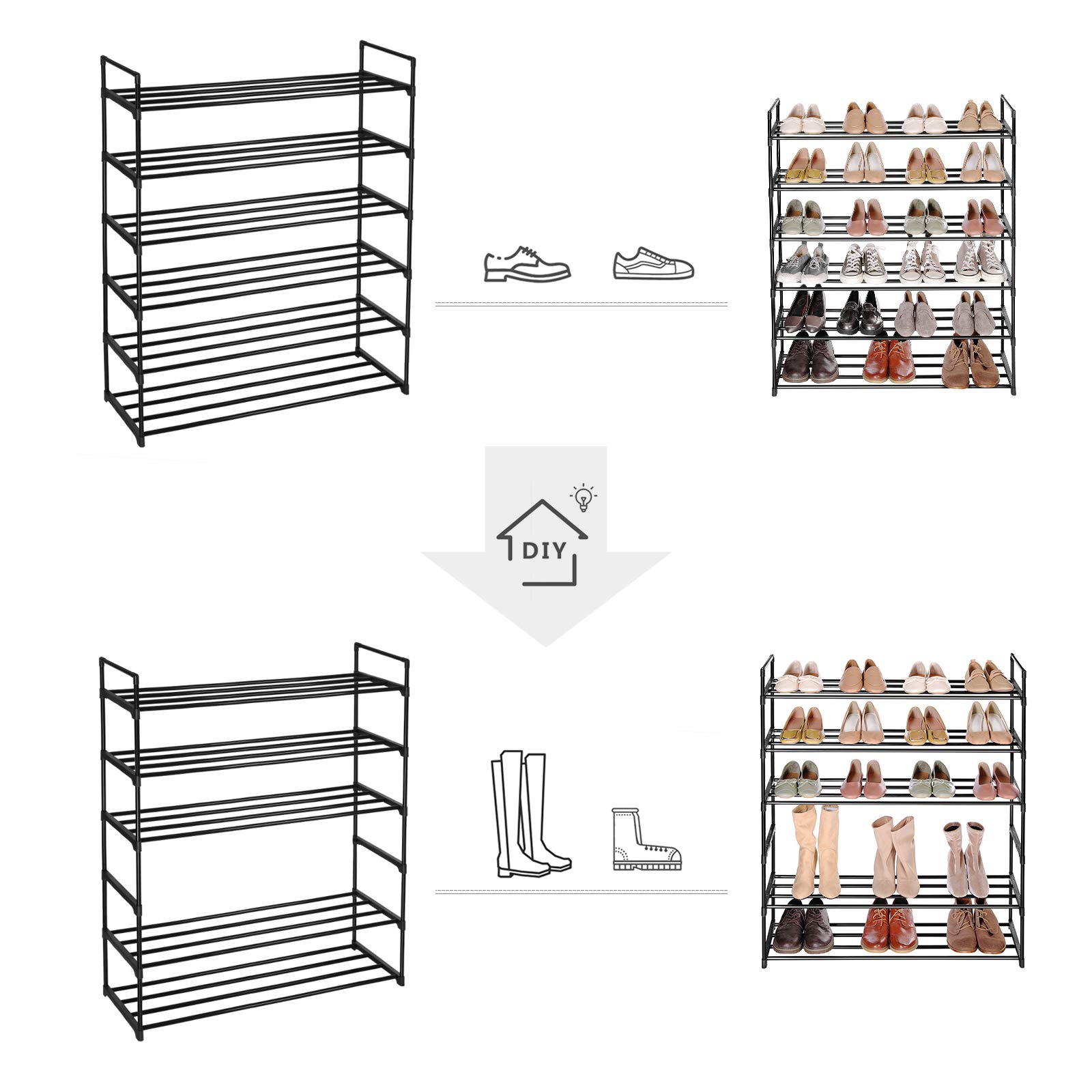 SONGMICS Scarpiera a 3 Ripiani, Set di 2, Scaffale Portascarpe, Organizzatore in Metallo, per 12/15 Paia di Scarpe, Impilabile, Corridoio, Soggiorno, Camera da Letto, 30 x 92 x 54 cm, Nero LSA06BK