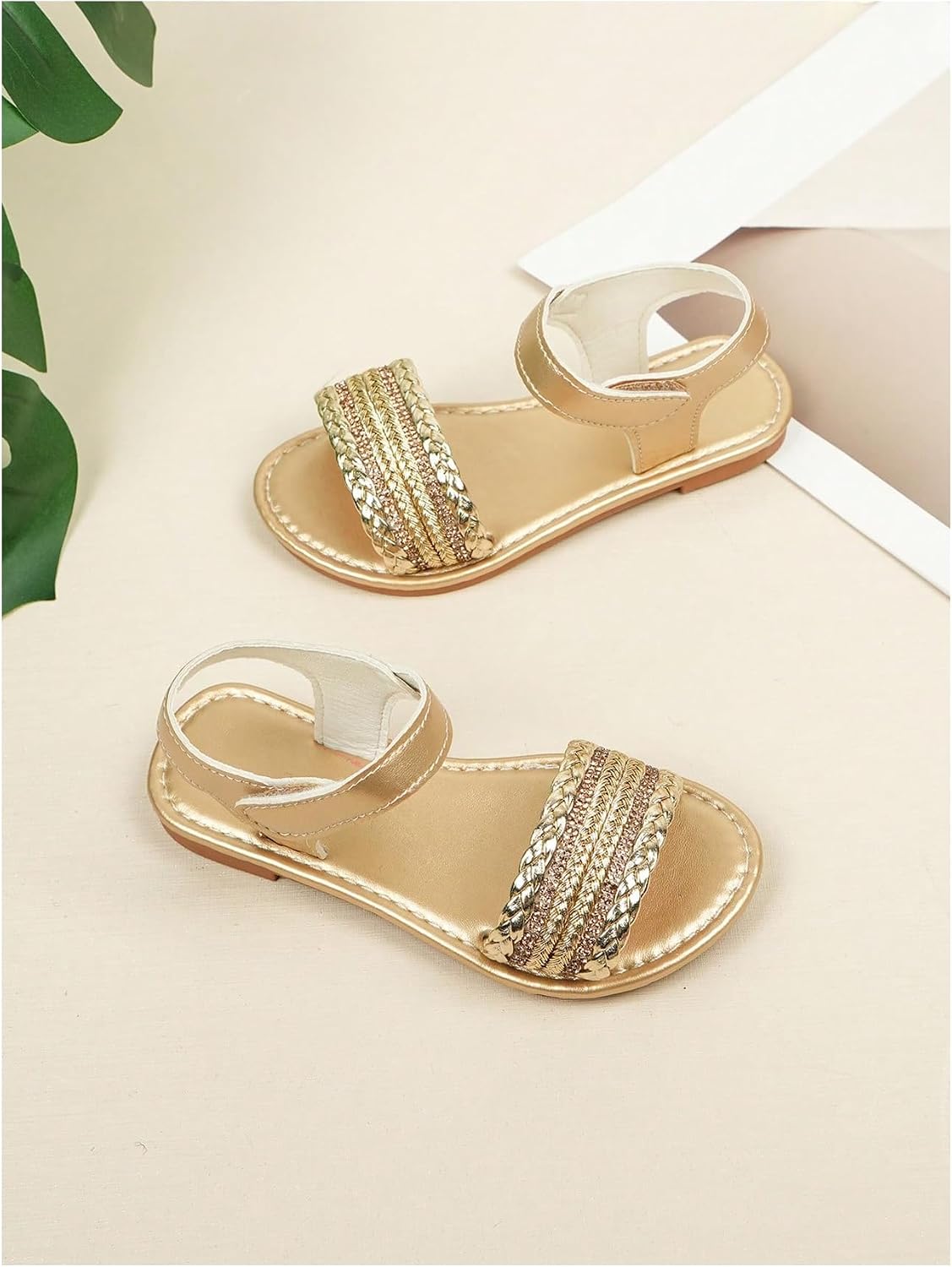 GORGLITTER Girl's Metallic Braided Flat Sandals Sparkly Open Toe Ankle Strap Cute Summer Dress Shoes