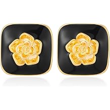 Chunky 14K Gold Plated Earrings Stud for Women Square Black Flower Stud Earrings Red Statement Earrings Dainty Large Retro Earrings Party Jewelry Gifts for Women