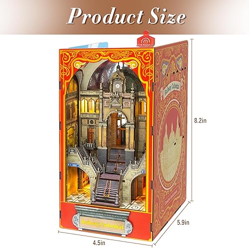 Miniatura 4 de Kit de rincón de libros, rompecabezas de madera 3D para decoración de casa de muñecas con LED, kit de decoración de estantería en miniatura para