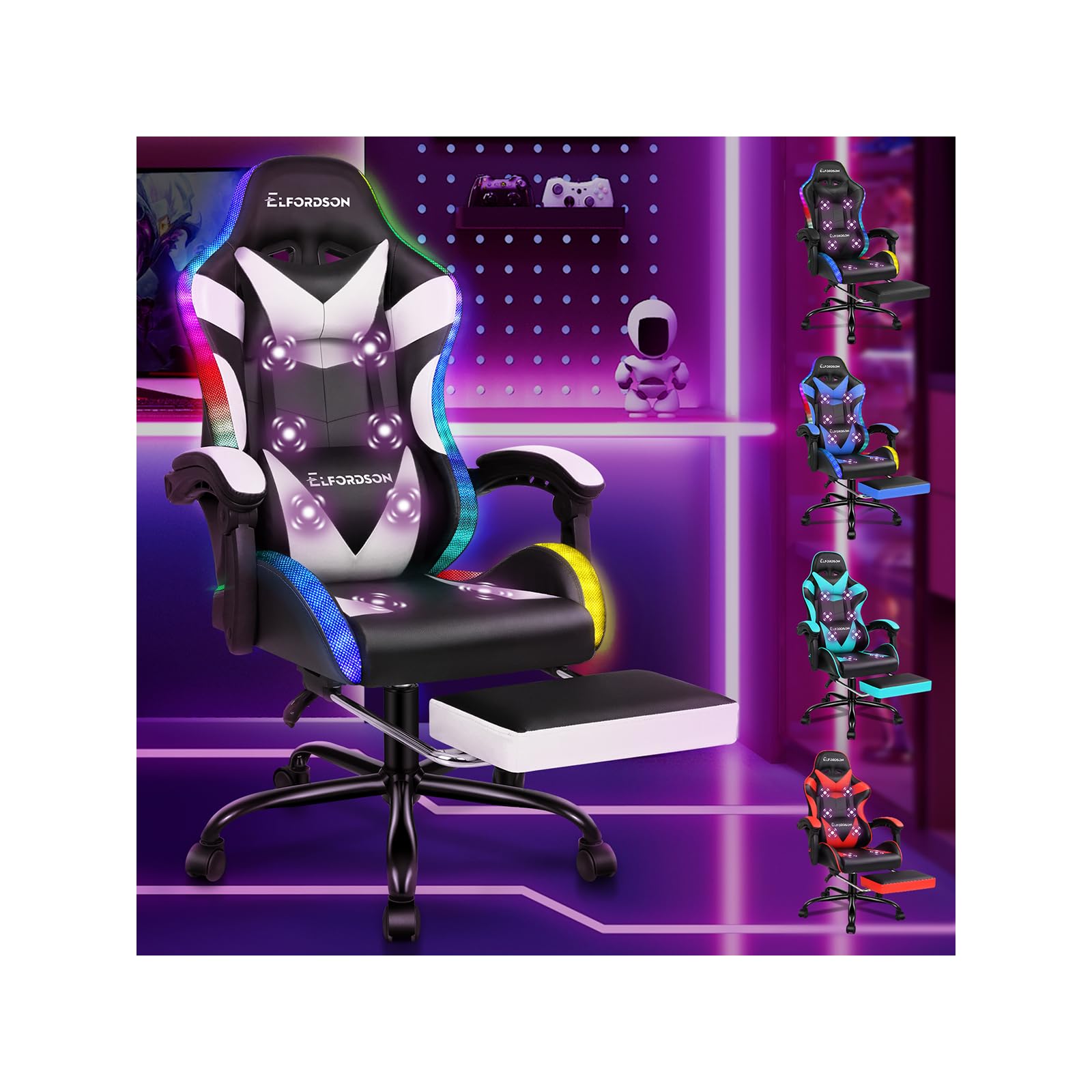 ELFORDSON LED Gaming Chair with 8-Point Massage, Ergonomic Computer Office Chairs with Headrest, Lumbar Cushion, Footrest, RGB Light, High Back 150° Reclining, 360° Swivel, PU Leather, White