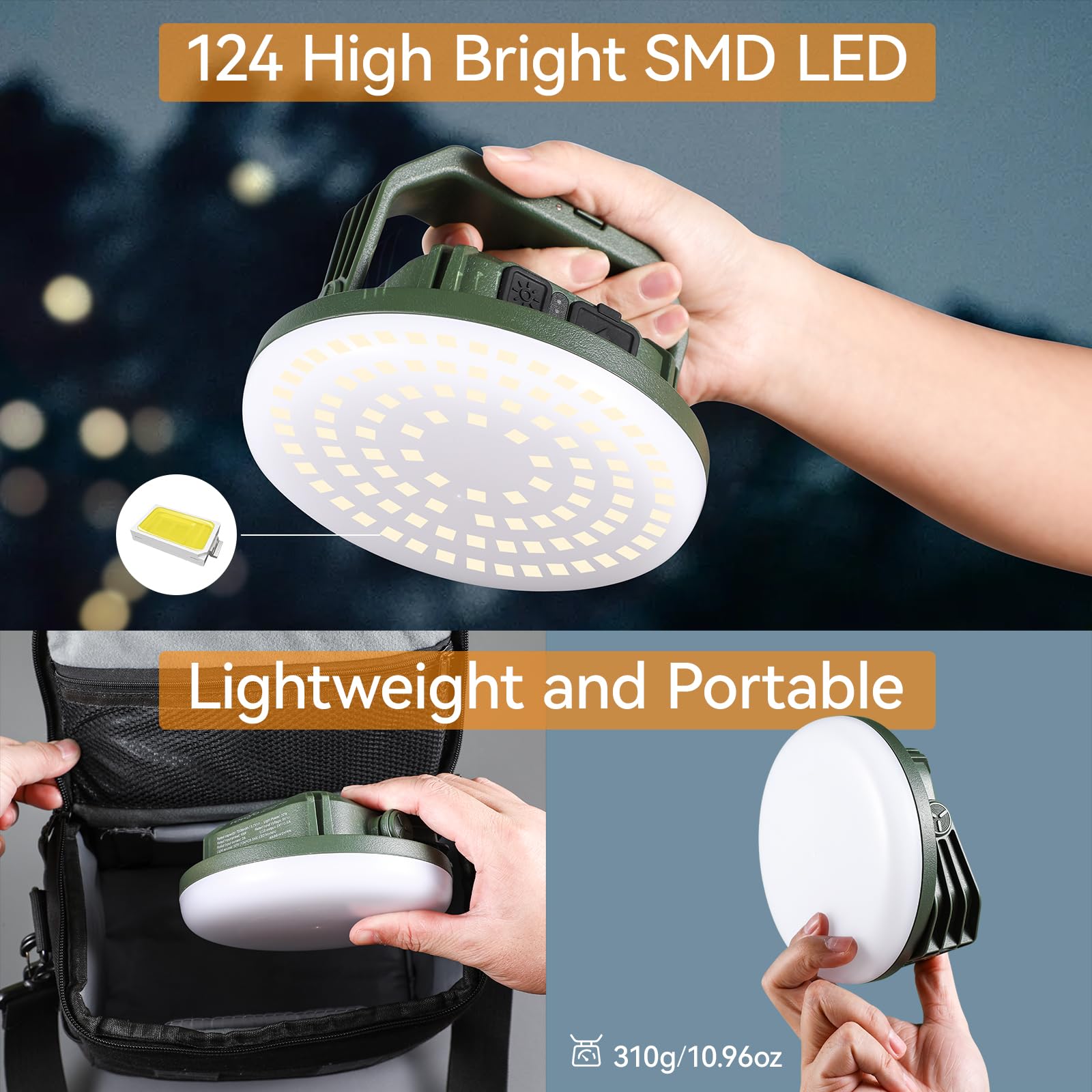 VAVOFO - Lanterna da campeggio a LED, ricaricabile, 30 W, 124 LED, 3 modalità di illuminazione, 3000 lm, 7200 mAh, portatile, con magnete, impermeabile IP65, per emergenze, per esterni e interni (vedi
