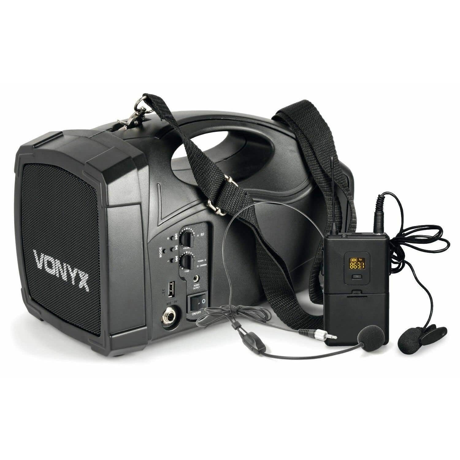 Vonyx ST012 Amplificateur de Voix Portable, Micro-Casque et Cravate, 30 Watts RMS, Entrée et Sortie Jack, Port USB, Bandoulière de Transport, Batterie Rechargeable, Idéal pour Conférences ou Visites
