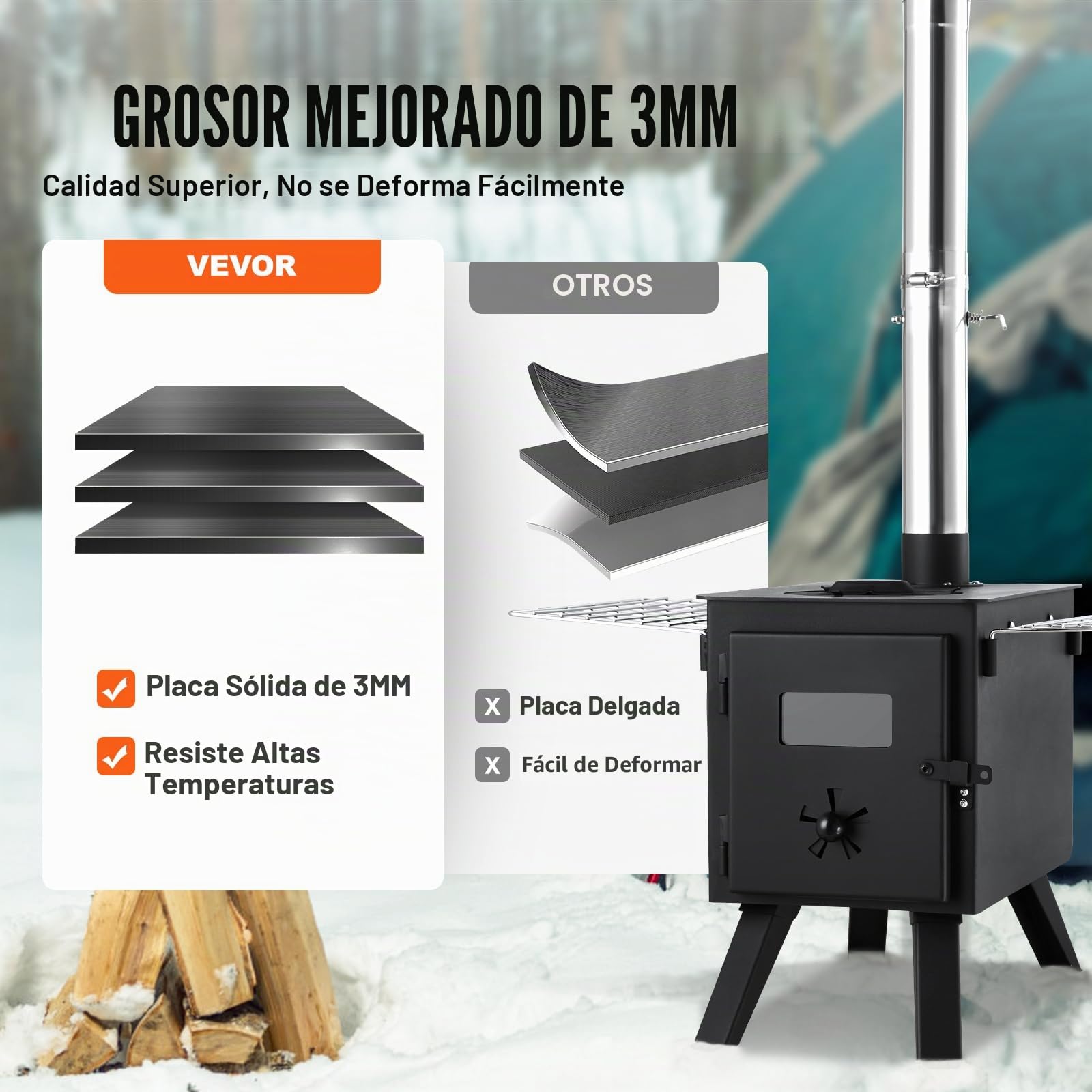 VEVOR Estufa de Leña Estufa Portátil para Tienda de Campaña de Acero de Aleación con 8 Tubos de Chimenea y Guantes Estufa Cálida para Cocinar y Calentar al Aire Libre 394 x 608 x 425 mm