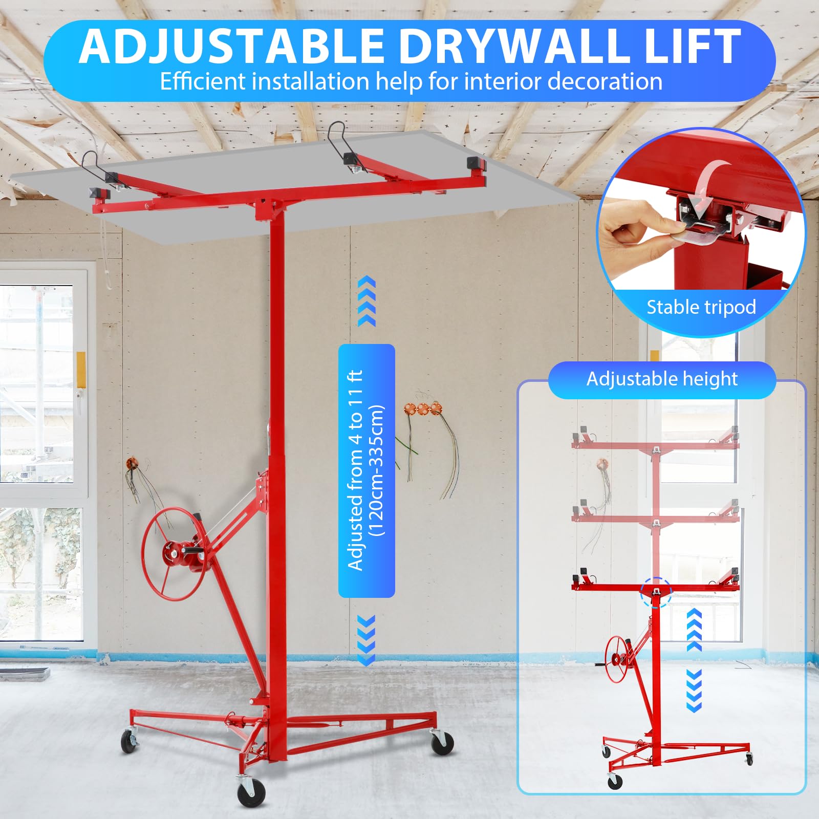 Klappbarer Plattenheber für Rigips- & Trockenbauplatten, Höhenverstellbar 120–335 cm, Max. Breite 296 cm, 68 kg Traglast, 60° Neigungswinkel, 3 Räder mit Feststellbremse, Rot