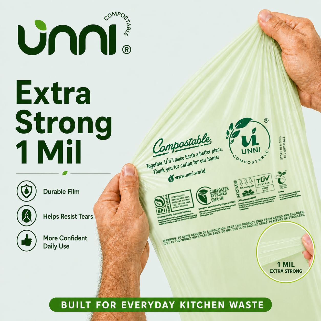 UNNI Bolsas compostables, 20-23 galones, 87 litros, 60 unidades, extragruesas de 1 mil, bolsa de basura para residuos de alimentos, ASTM D6400, US BPI, CMA y Europa OK Compost Home, certificado San